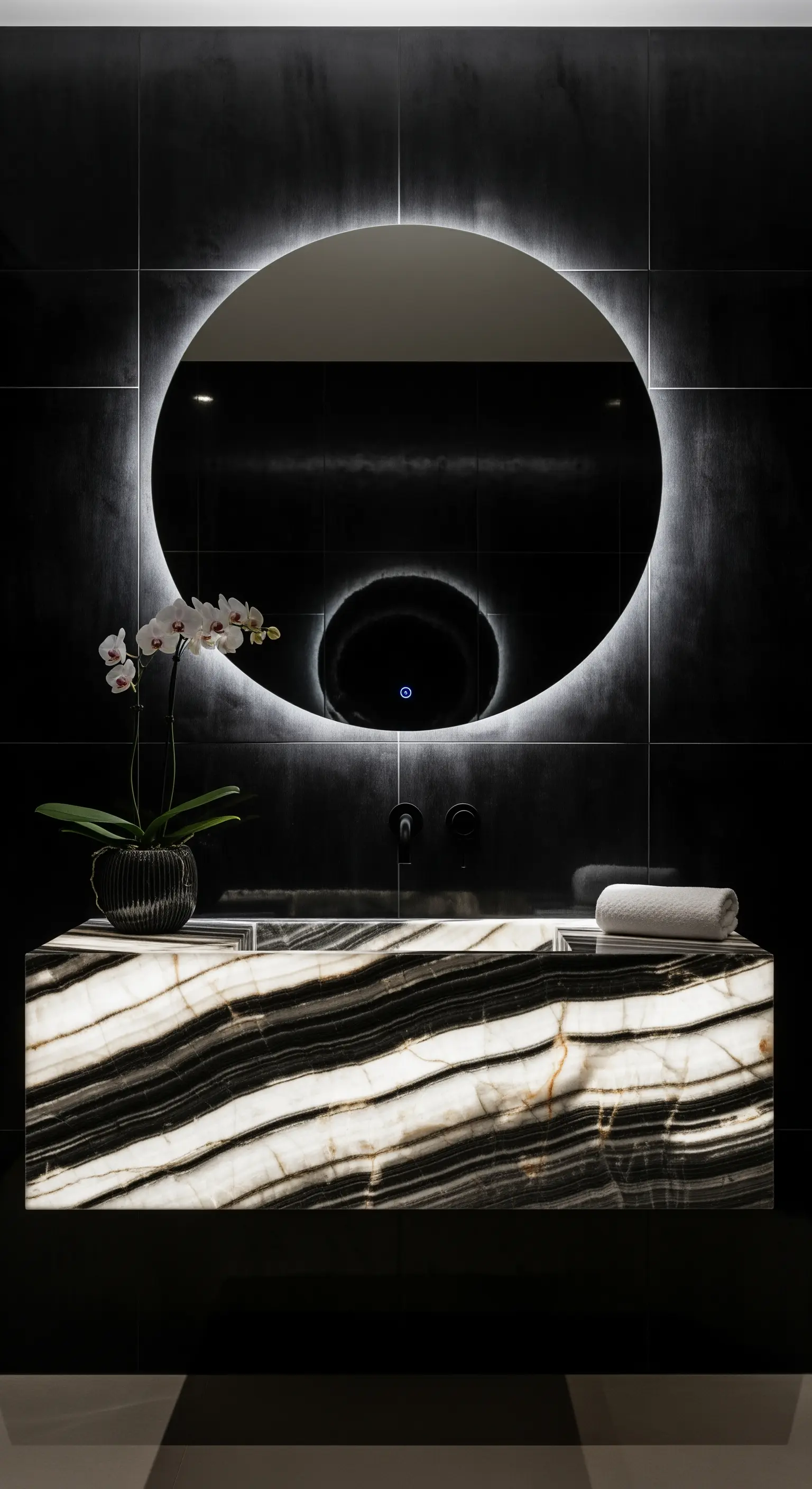 Runder LED-Spiegel, gestreifter Schwarz-Onyx Waschtisch, Orchidee