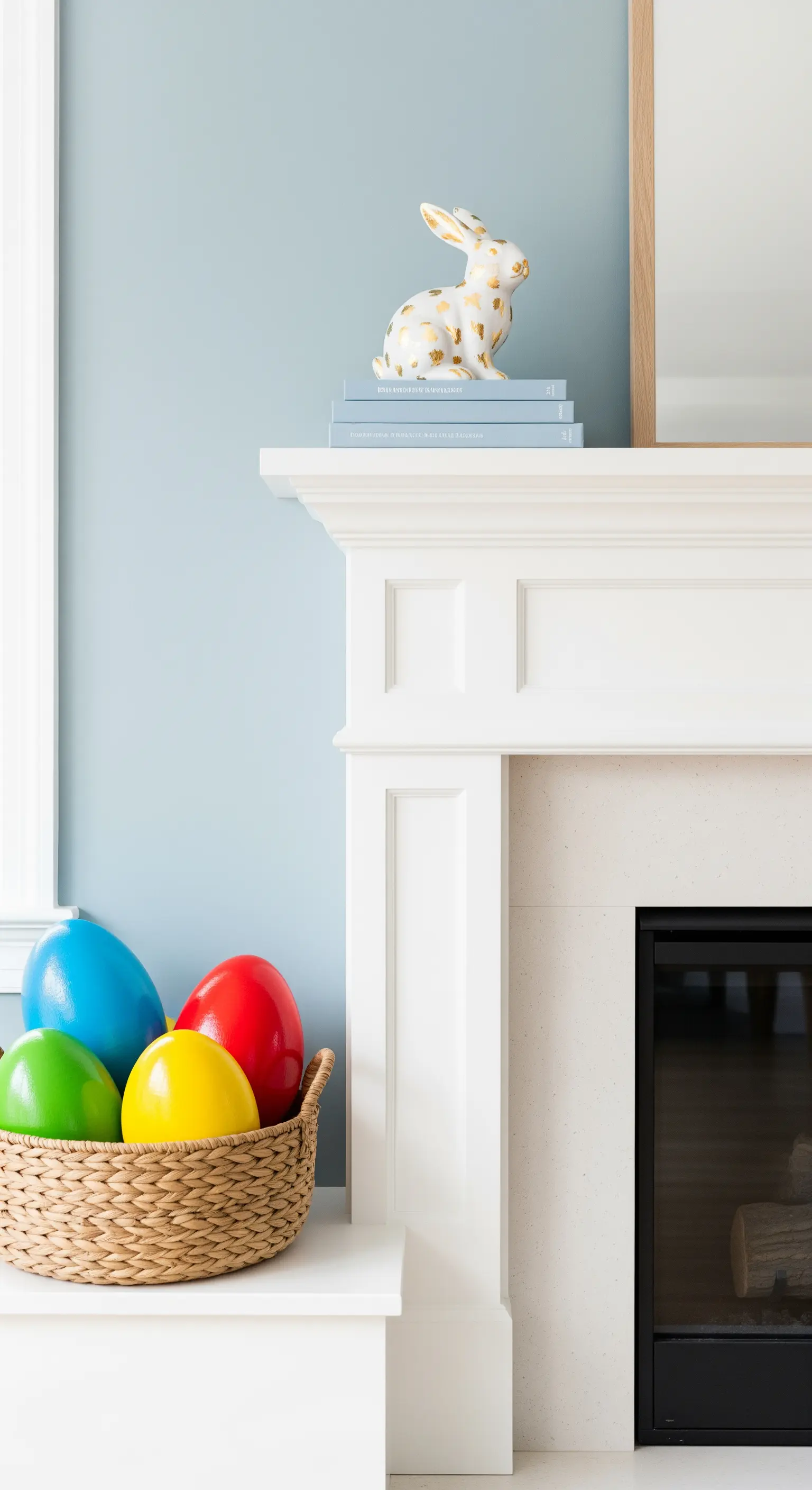 Minimalistischer Kamin mit weißem Hasen, gestapelten Büchern und Korb mit bunten Eiern.