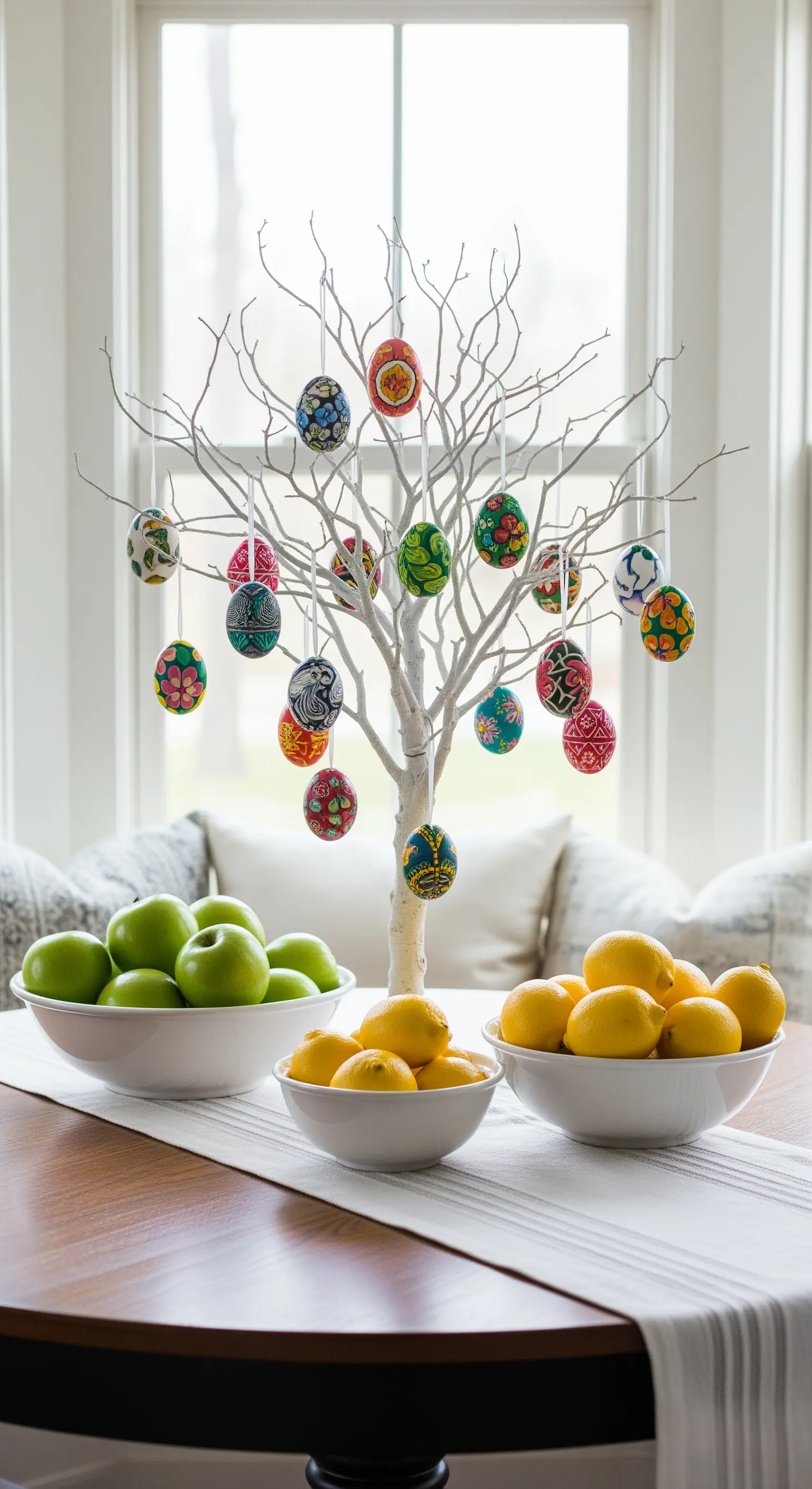 Minimalistischer weißer Osterbaum mit bunten Eiern, umgeben von Zitronen und Äpfeln.