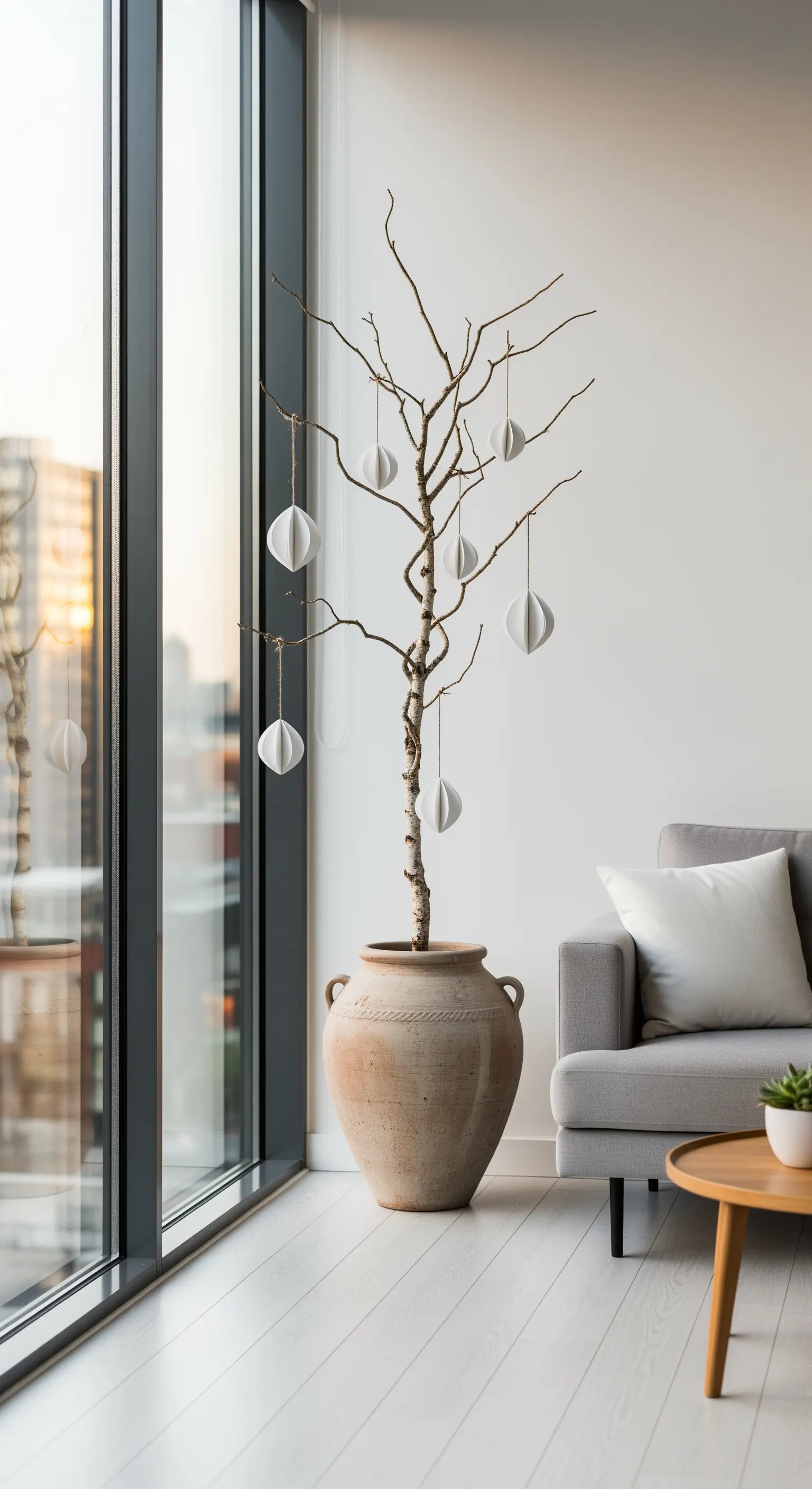 Hoher Ast in Terrakottatopf mit minimalistischen Papier-Ostereiern