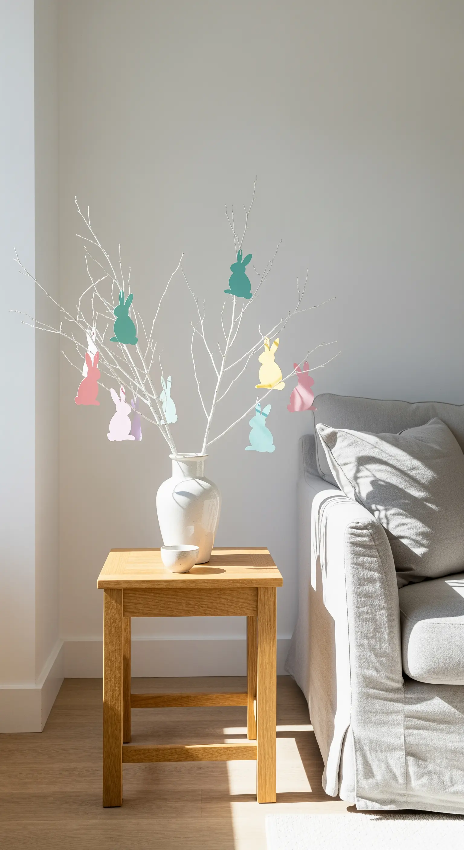 Minimalistischer Osterbaum mit Pastellhasen auf weiß bemalten Ästen in einer Vase