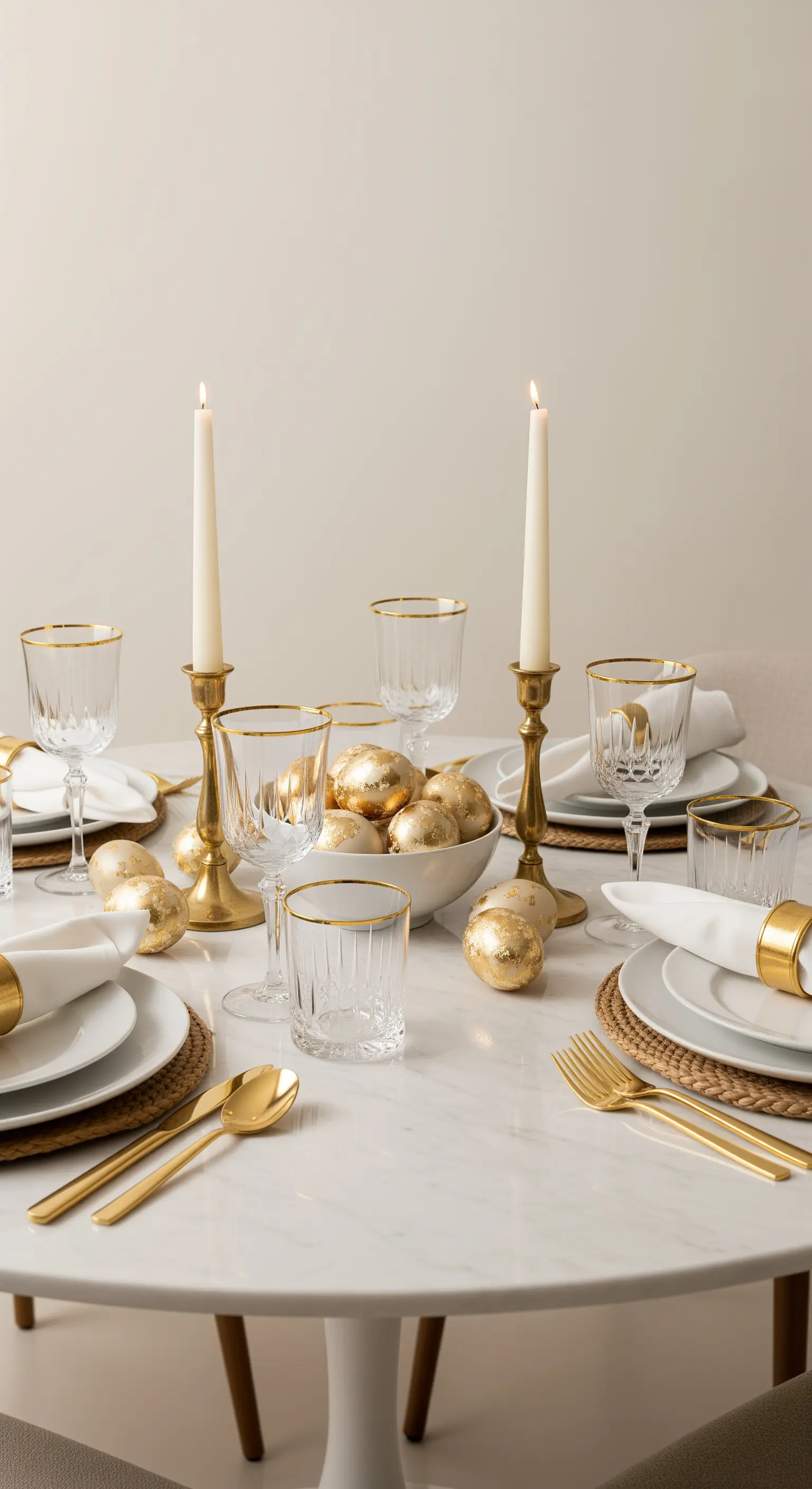 Minimalistische Oster-Tafel mit Goldakzenten und weißen Kerzen