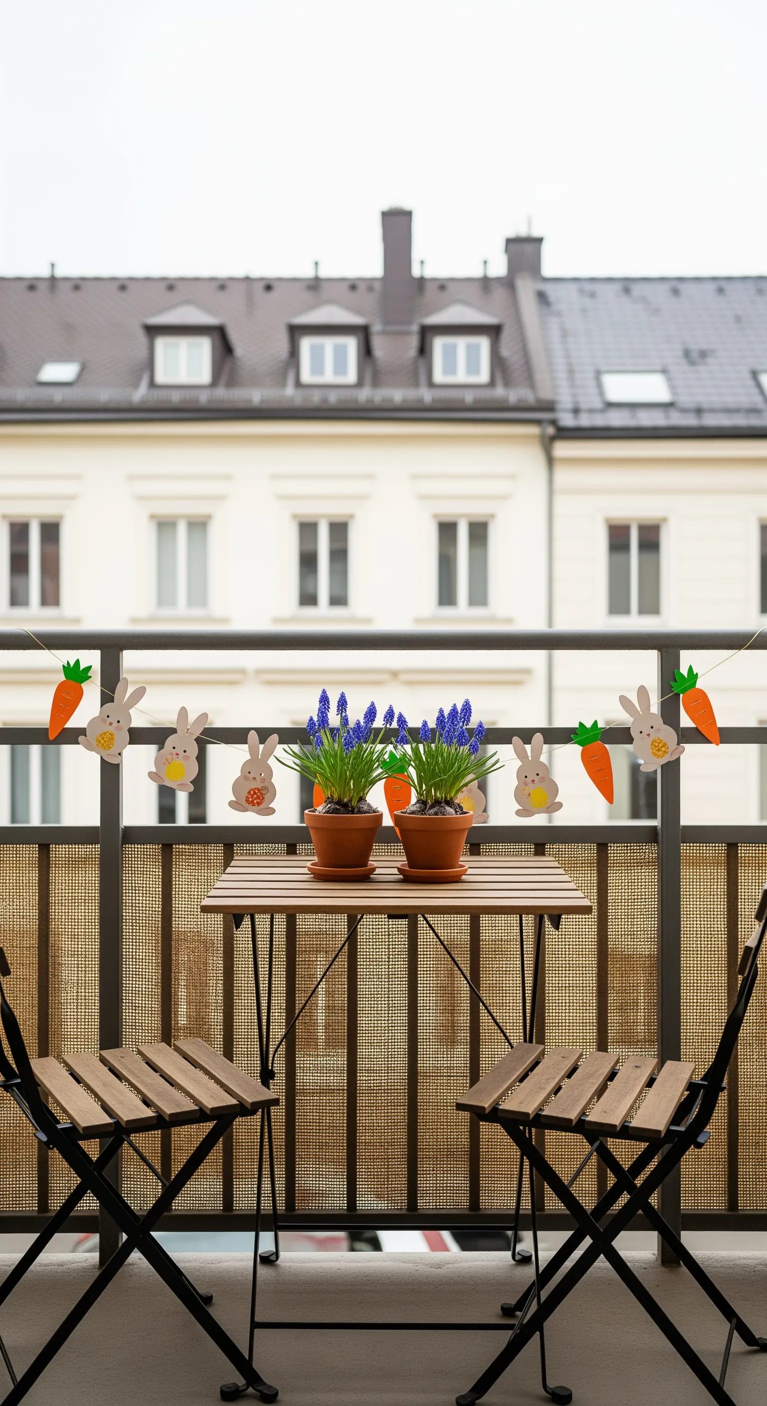 Kleiner Balkon mit Klappstühlen und einer dezenten Ostergirlande am Geländer.