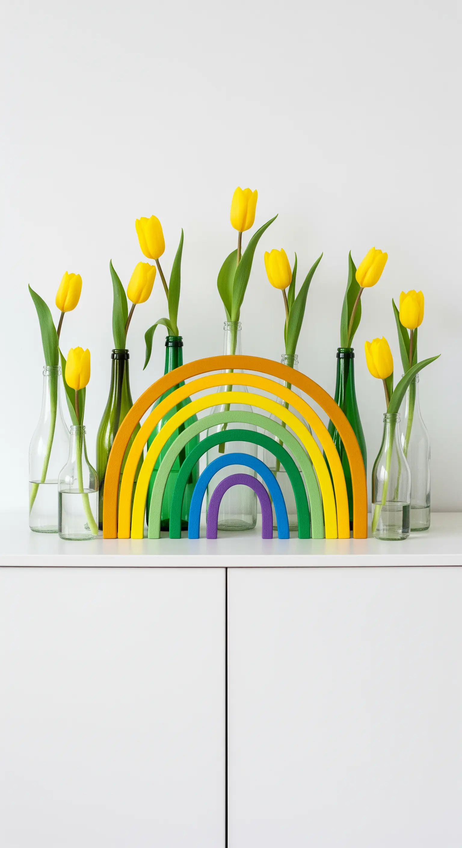 Hölzerner Regenbogen mit gelben Tulpen in Glasflaschen auf einem weißen Sideboard