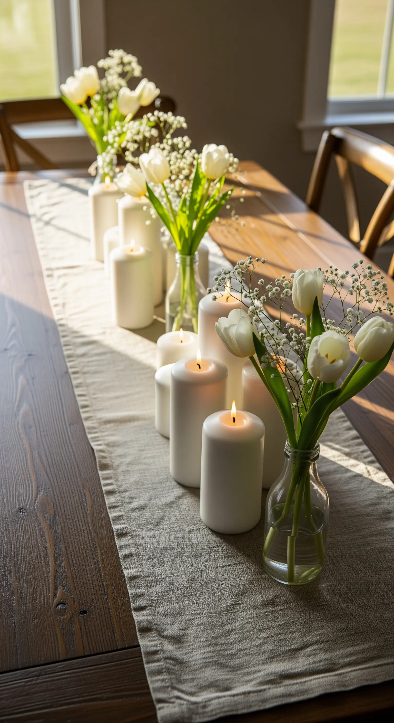 Minimalistische Osterdeko: Weiße Tulpen und Kerzen auf Leinenläufer