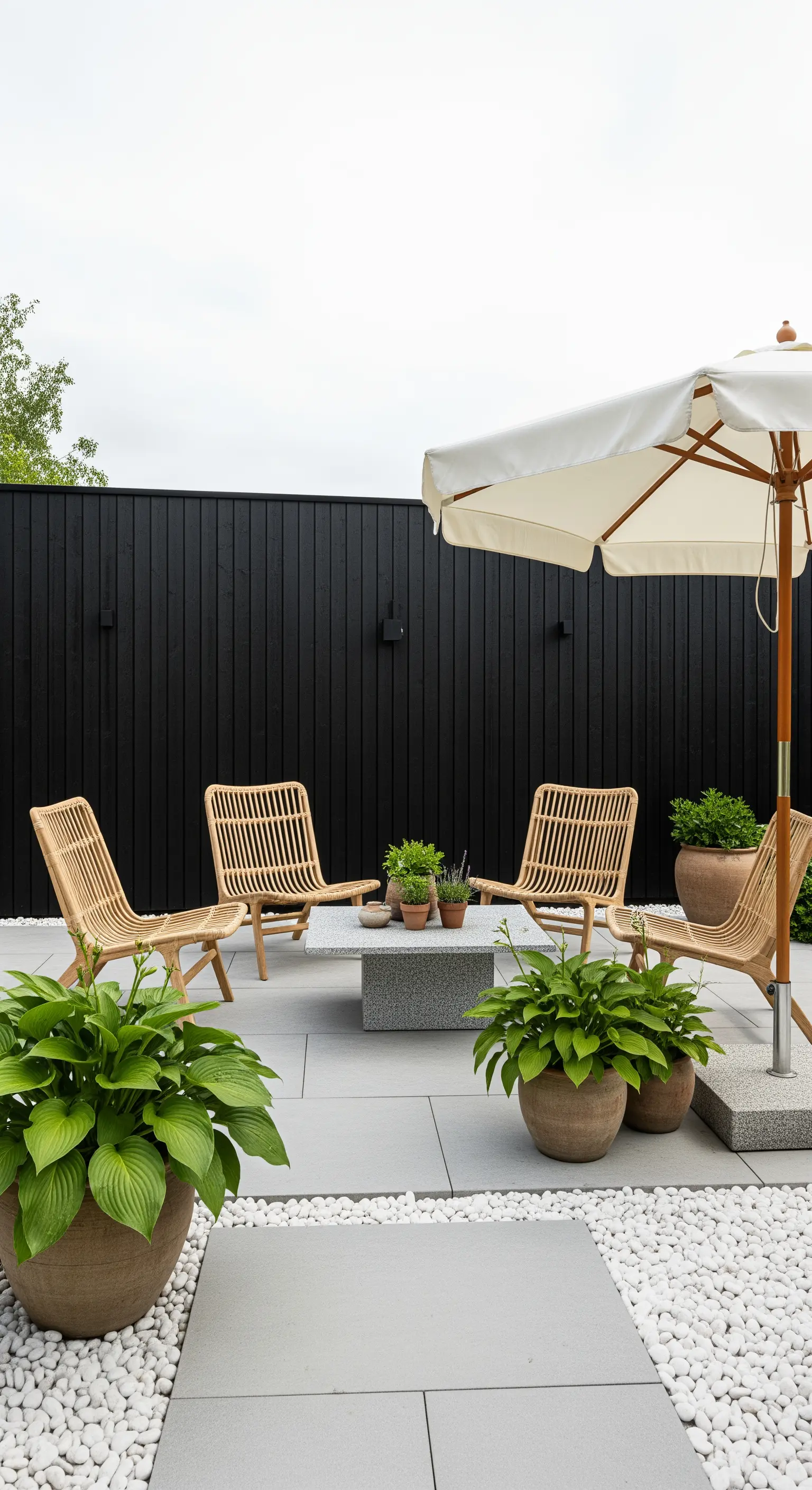 Rattan Kaffeeecke mit schwarzer Wand und hellem Kies