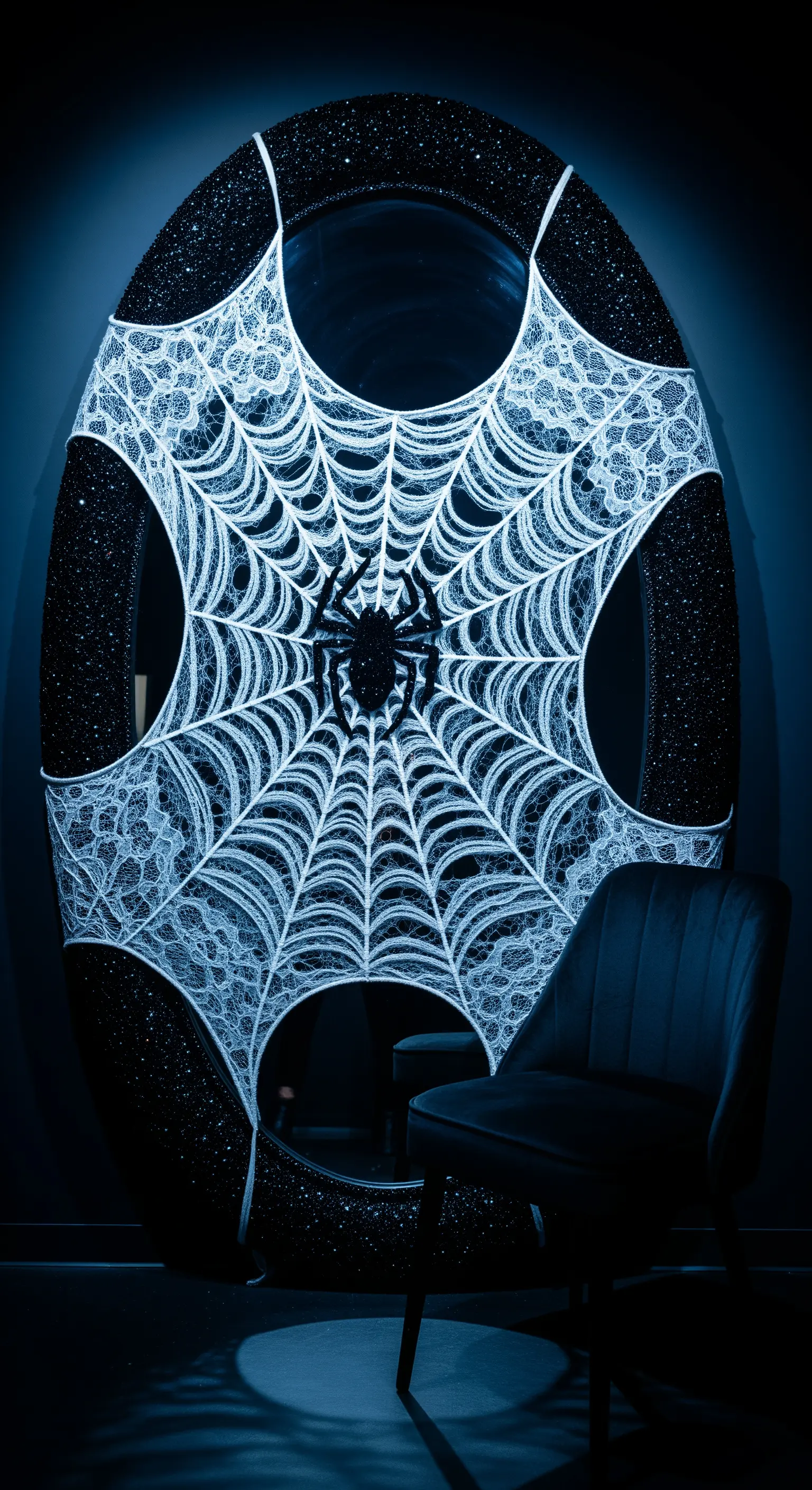 Ovaler glitzernder Spiegel mit weißem Spinnennetz und schwarzer Spinne