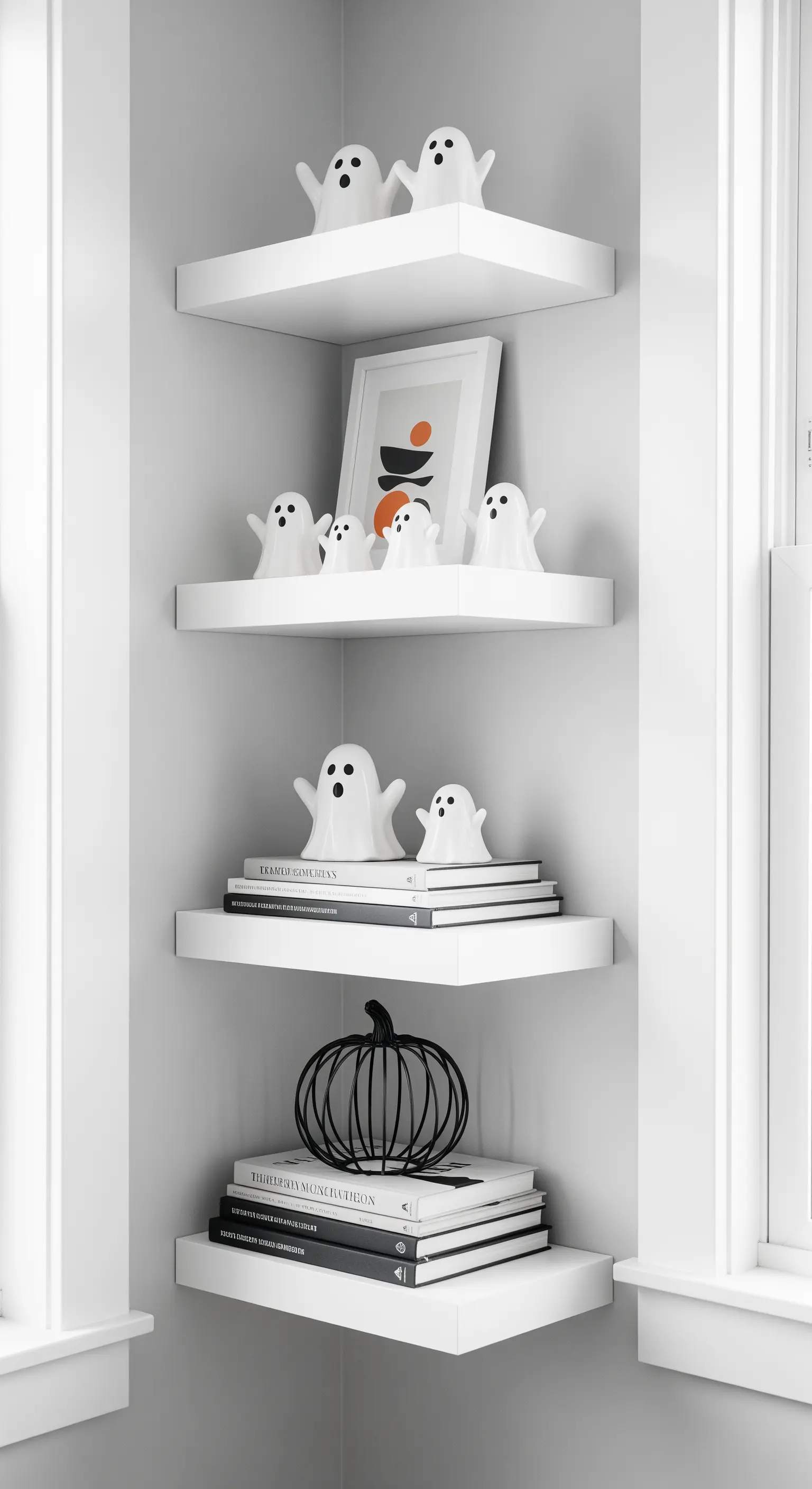 Moderne, minimalistische Halloween-Deko mit weißen Keramikgeistern in einer Ecke.