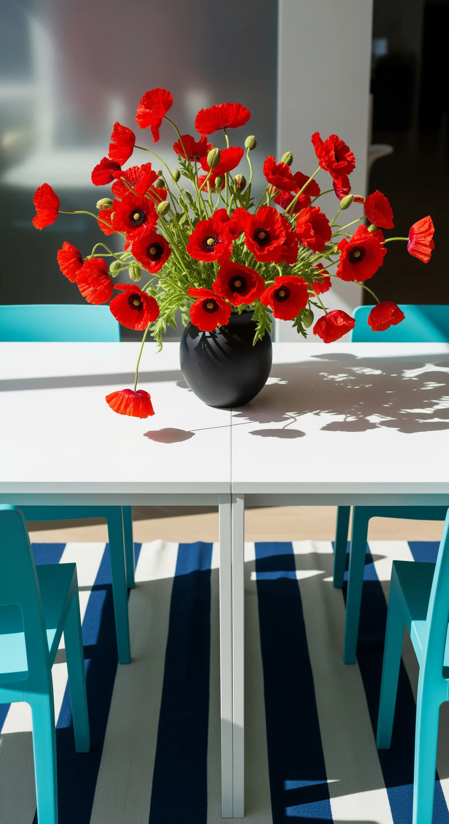 Rote Mohnblumen in schwarzer Vase auf weißem Tisch