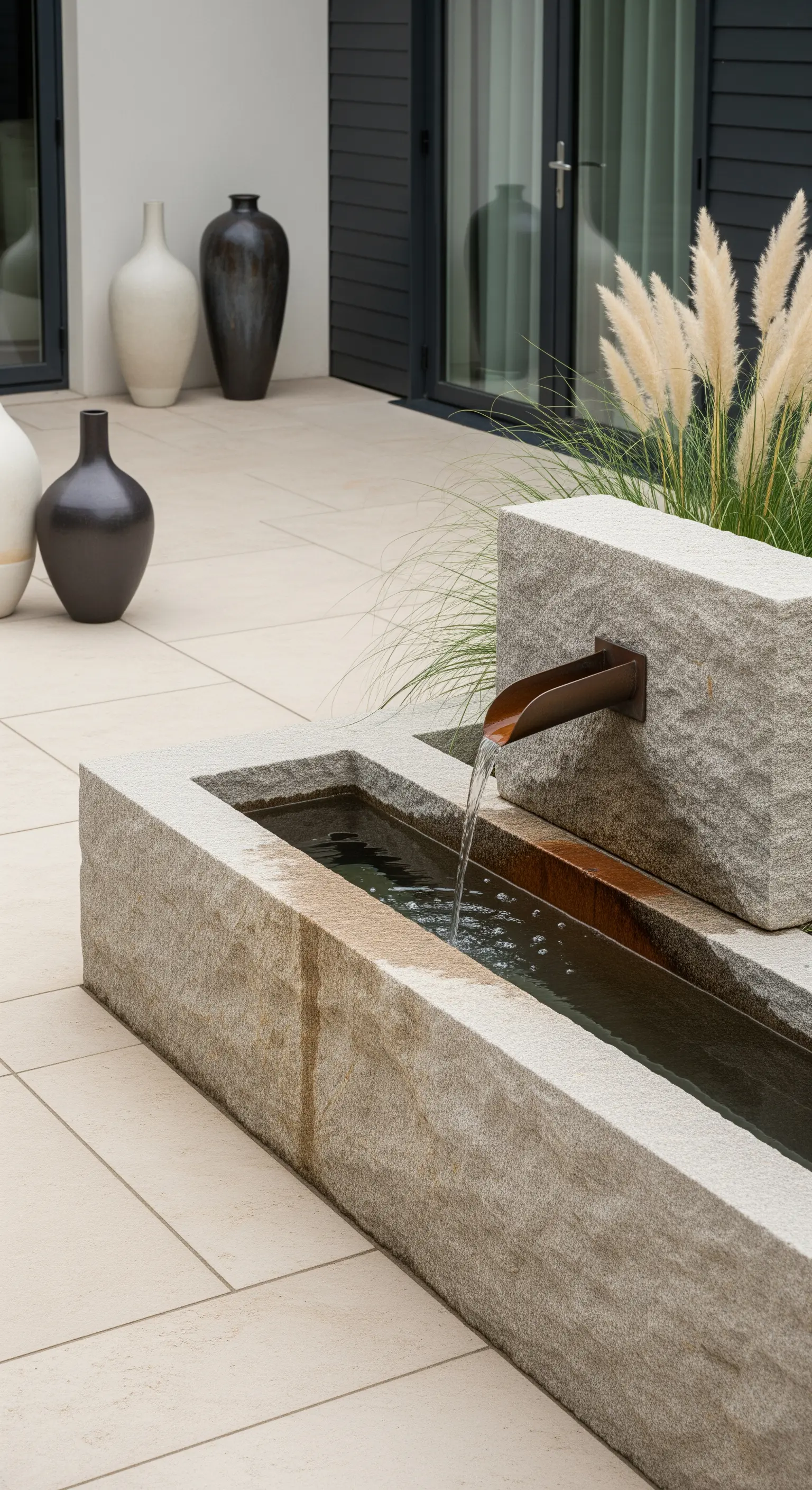Steinbrunnen, Ziergräser, minimalistische Vasen, helle Terrasse