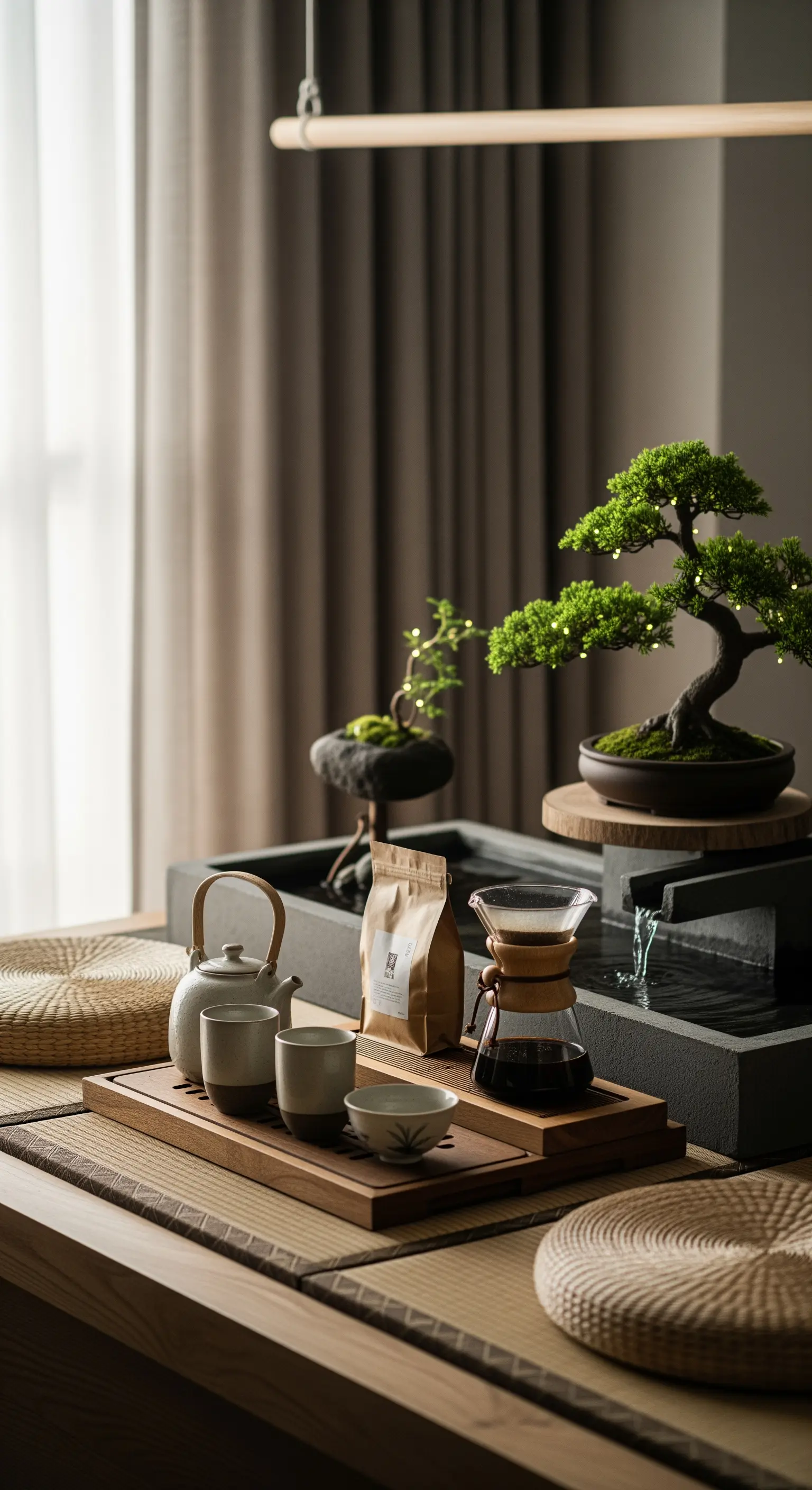 Japandi-Teestation mit Bonsai, Pour-Over-Kaffee und Keramik