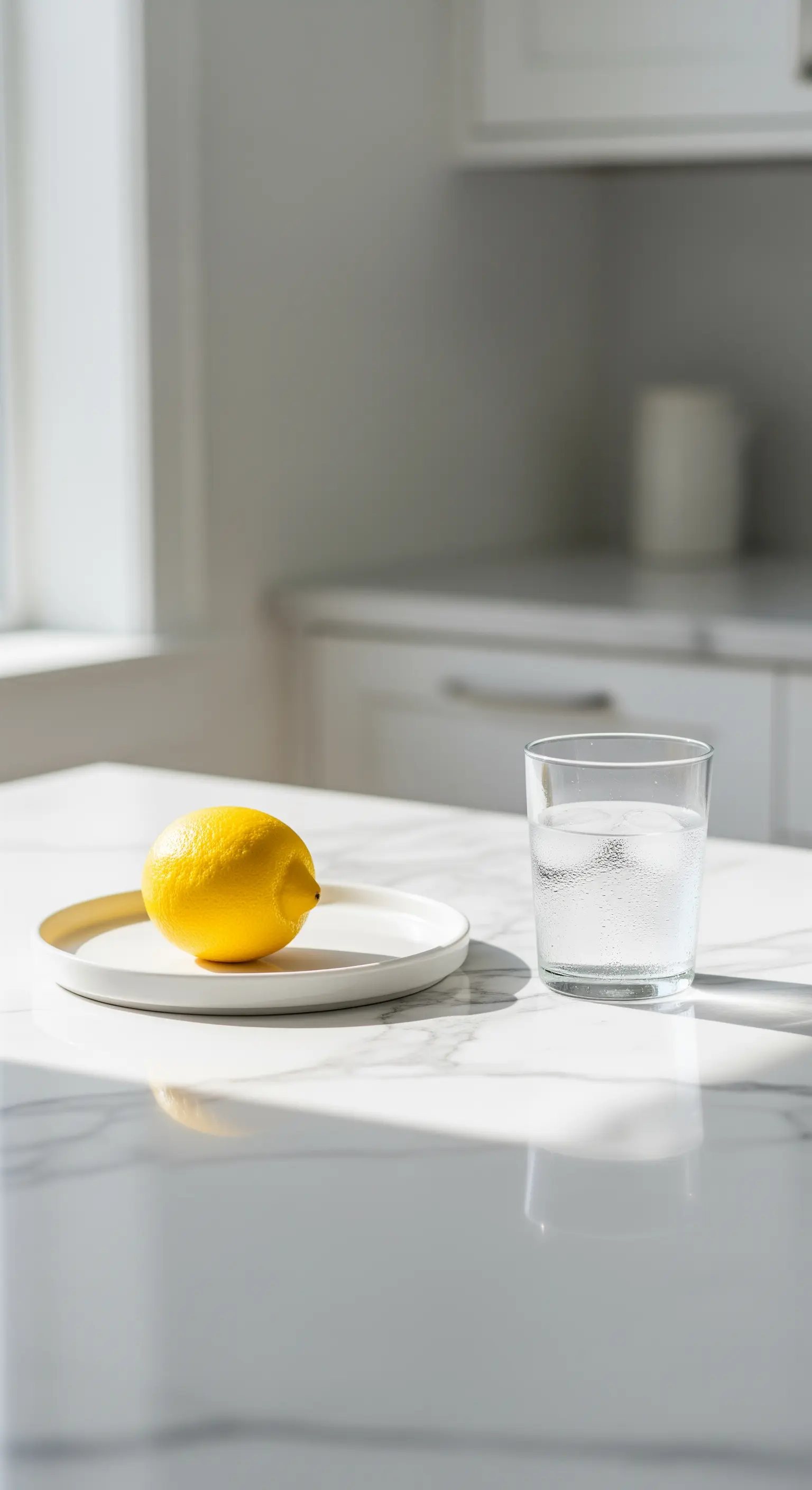 Teller mit Zitrone und Wasserglas