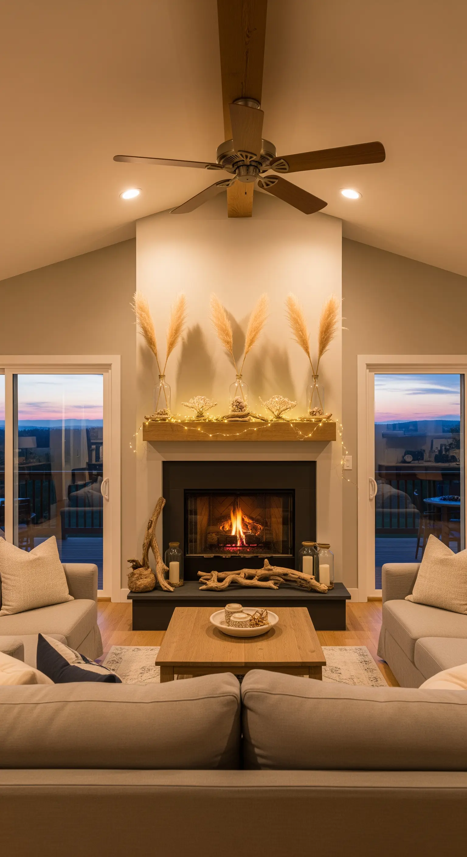 Hoher Raum mit Treibholz-Deko im Kamin und Pampasgras