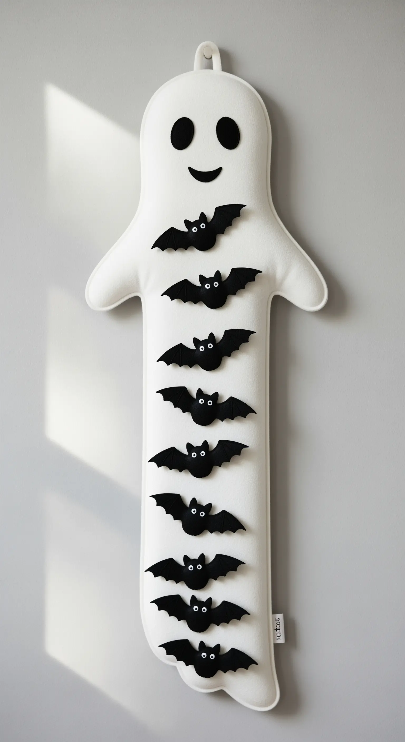 Ein längliches, weißes Geister-Wandkissen, auf dem vertikal mehrere kleine, schwarze Fledermäuse angebracht sind.