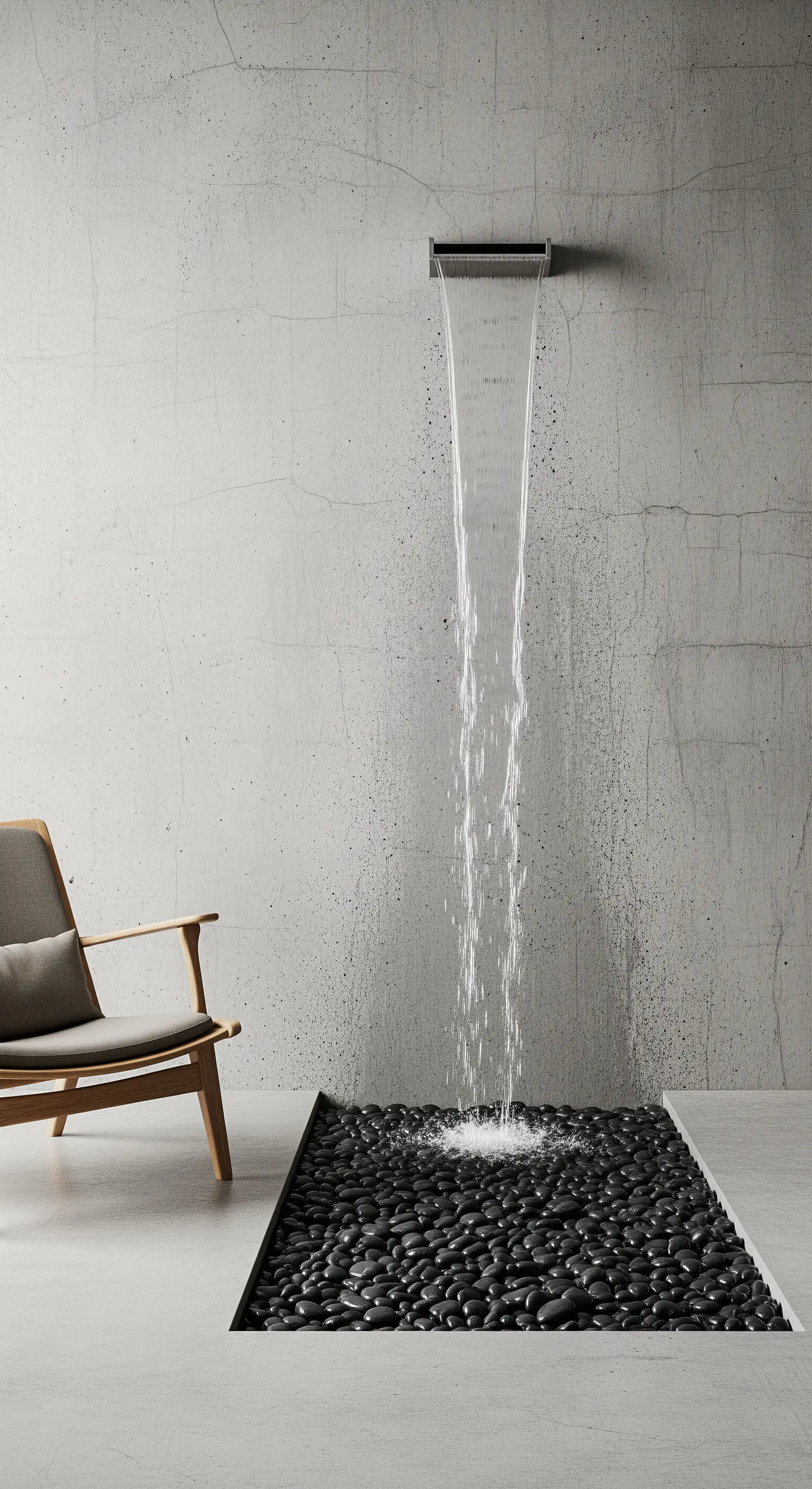 Minimalistischer Wandwasserfall mit Kieselbett und Betonwand im Japandi Stil