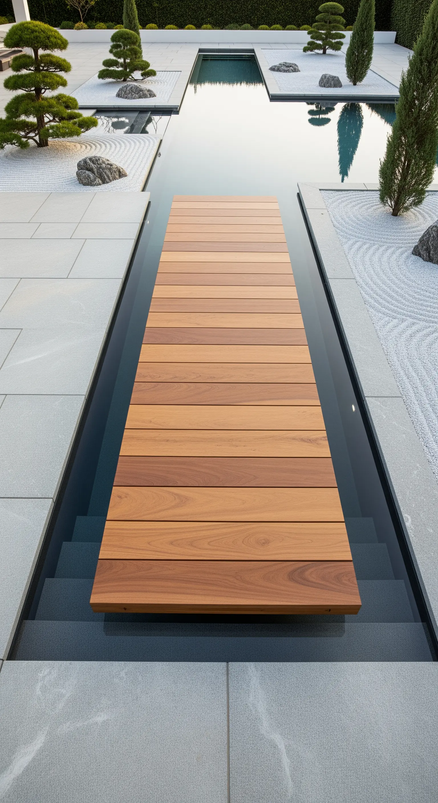 Flacher Wasserlauf mit schwebendem Holzsteg, umgeben von Kies und kleinen Bäumen