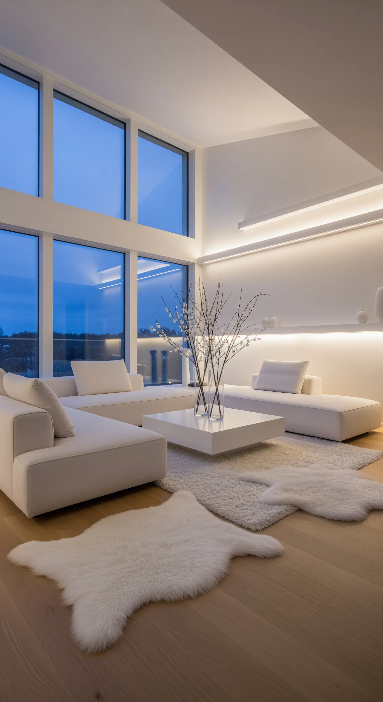 Ultra-moderner, weißer Wohnraum mit großen Fenstern, minimalistischer Einrichtung und weißen Fellen.