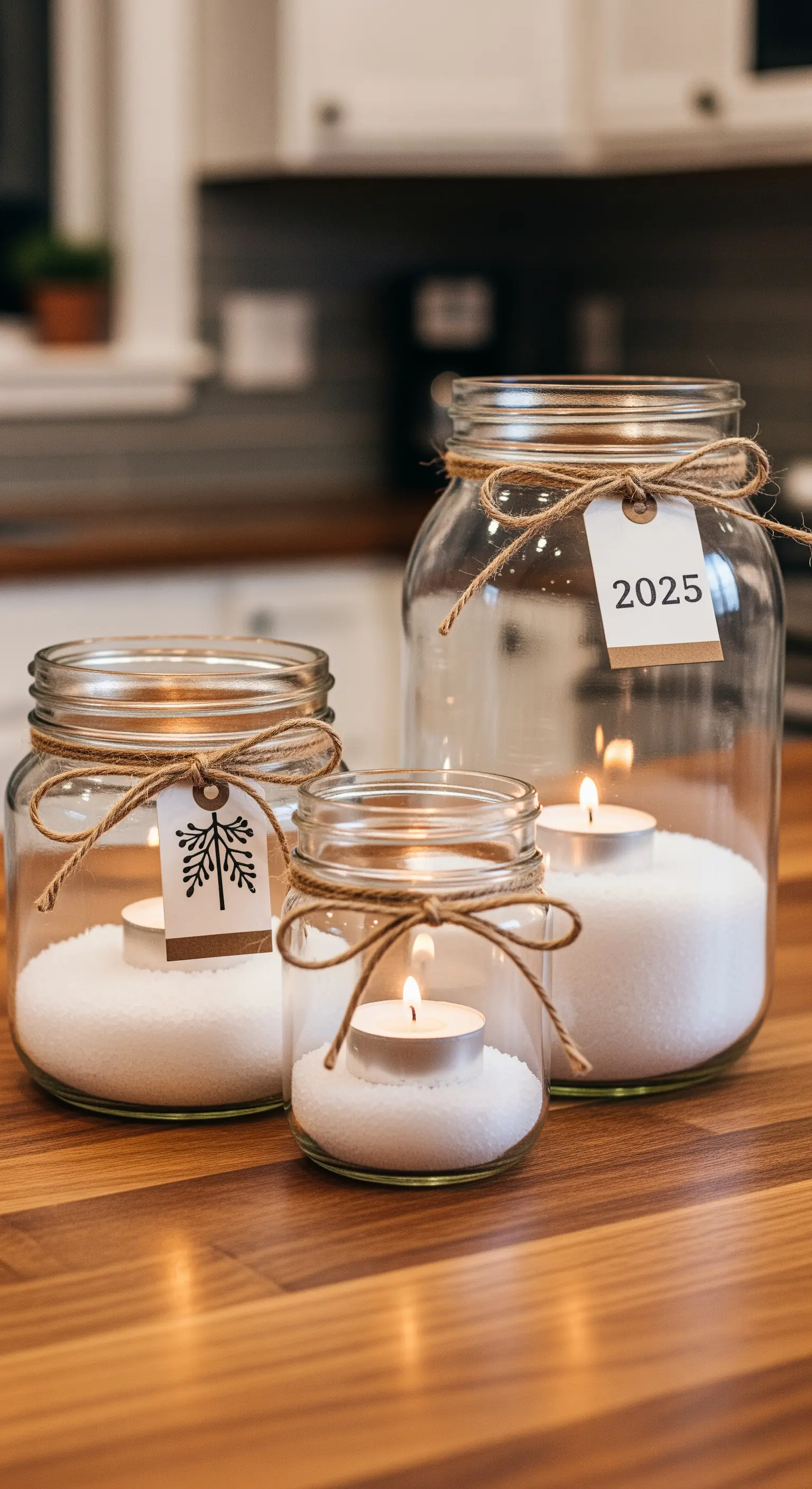 Teelichter in Einmachgläsern, gefüllt mit Kunstschnee oder Salz, als DIY-Windlichter.