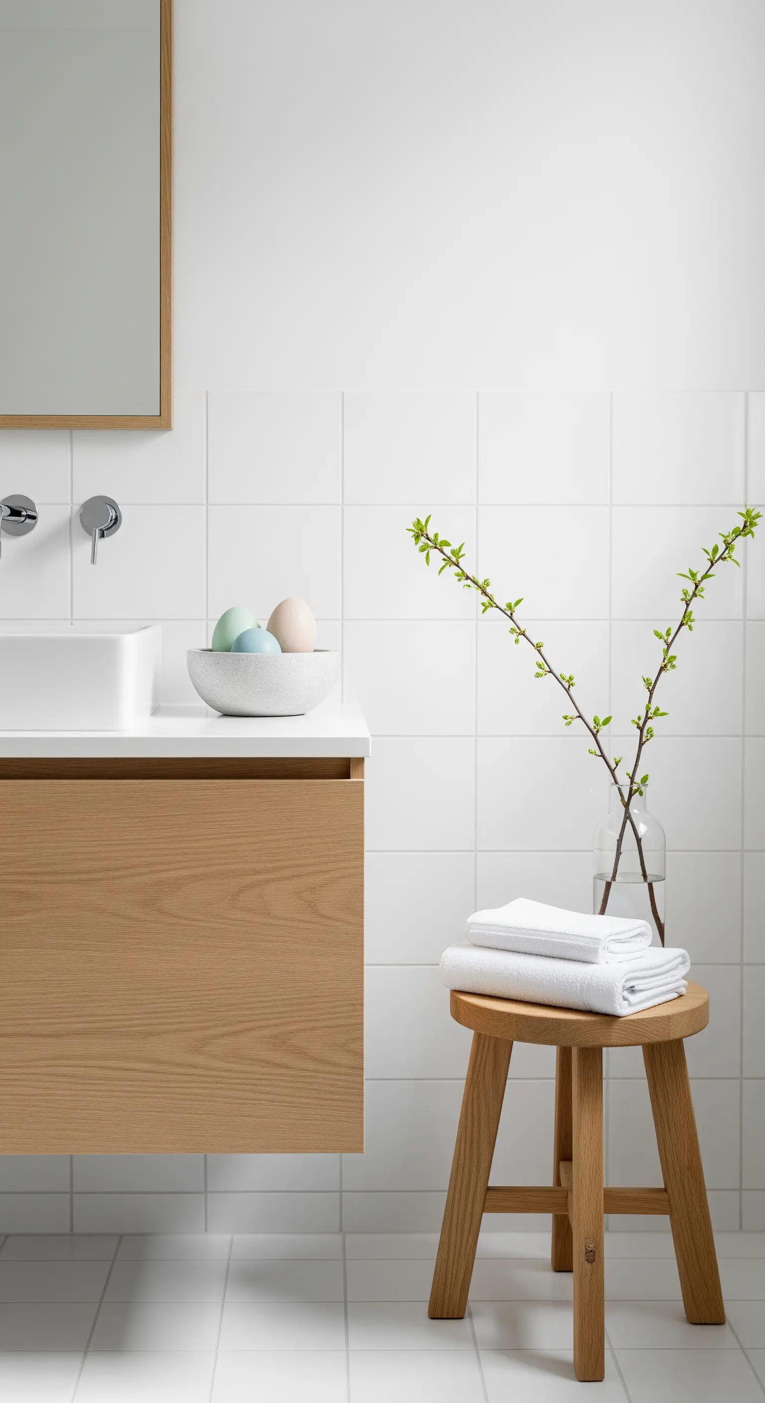 Badezimmer mit Holzkommode, Ostereiern, Holzhocker und grünen Zweigen