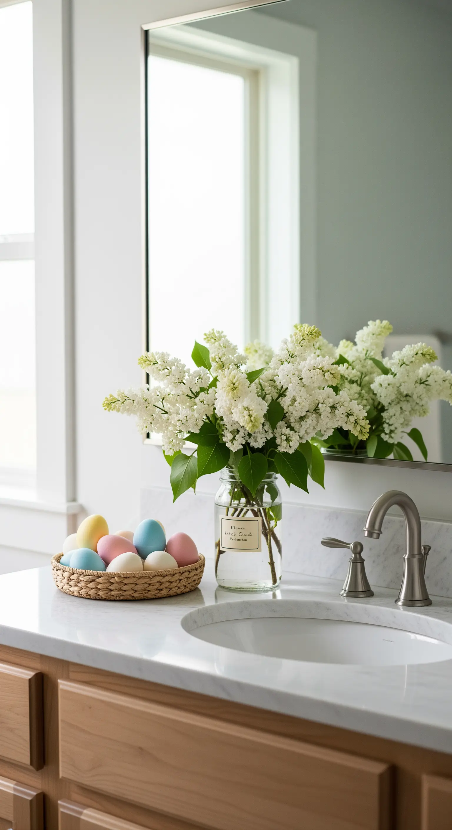 Badezimmer-Waschtisch mit Osterkörbchen, Eiern und Flieder in Vase