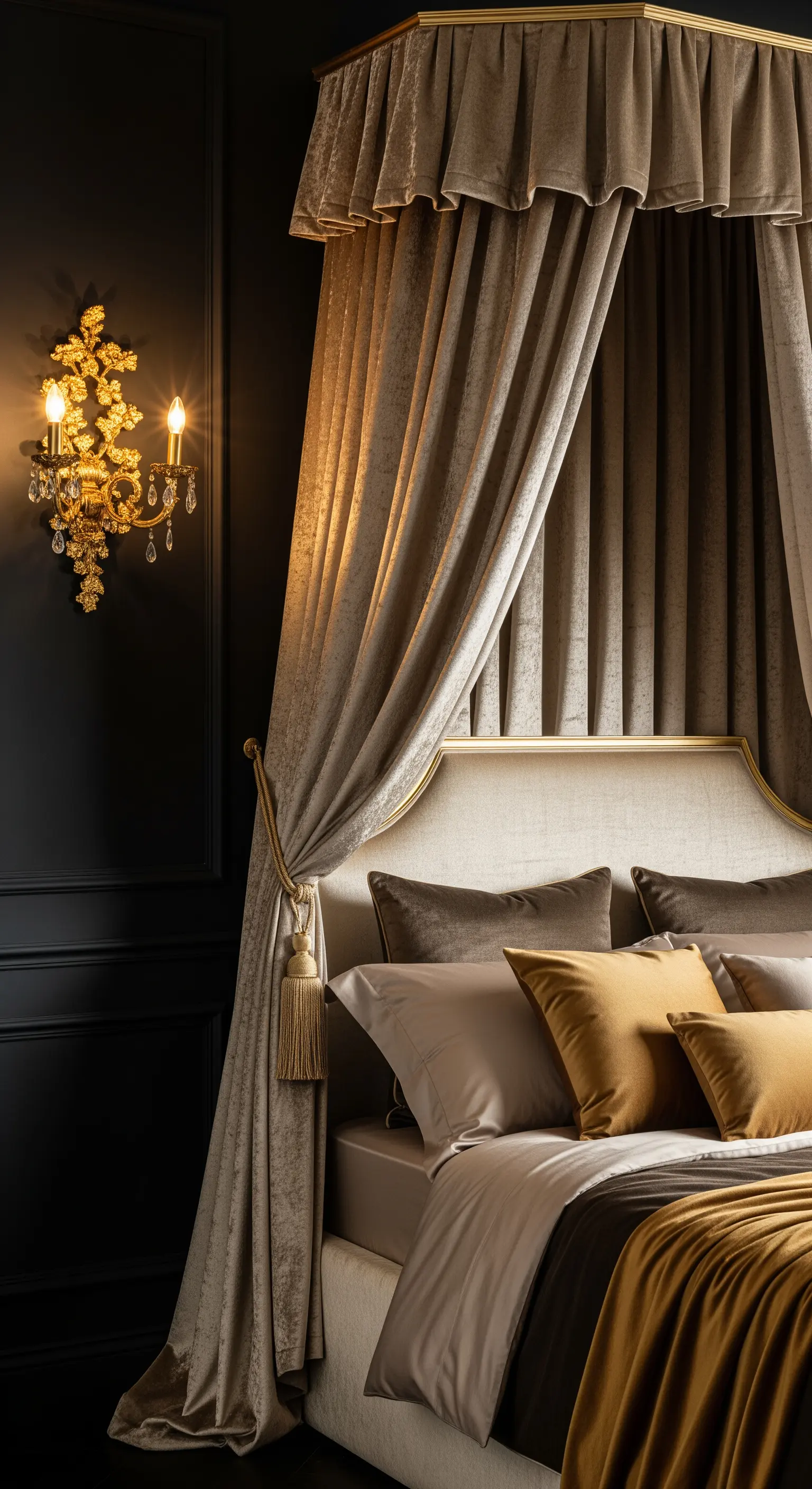 Minimalistisches Baldachinbett, Samt, Gold-Akzente, schwarze Wand, Boutique-Hotel-Stil