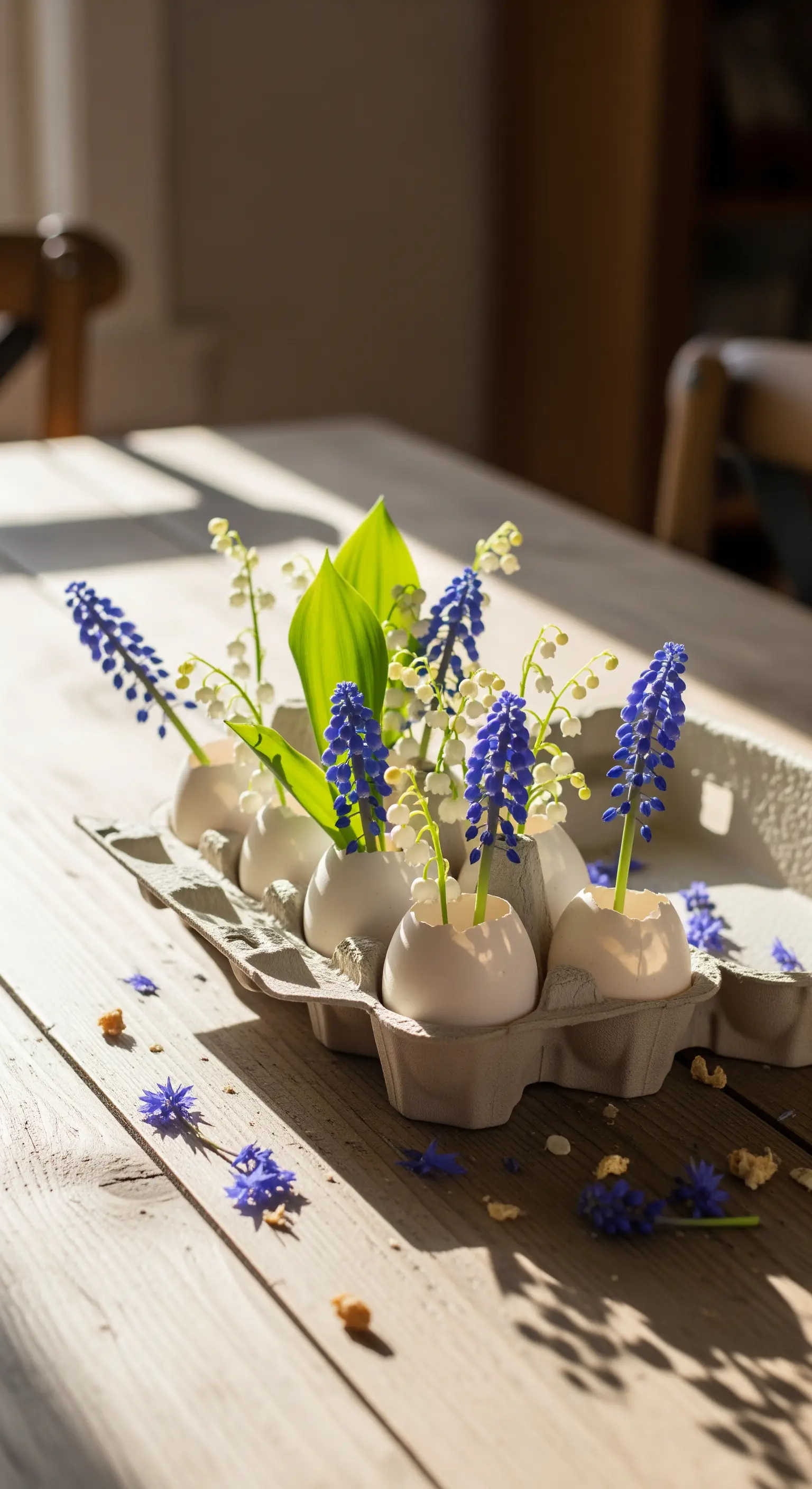 Traubenhyazinthen und Maiglöckchen in Eierschalen auf einem Holztisch