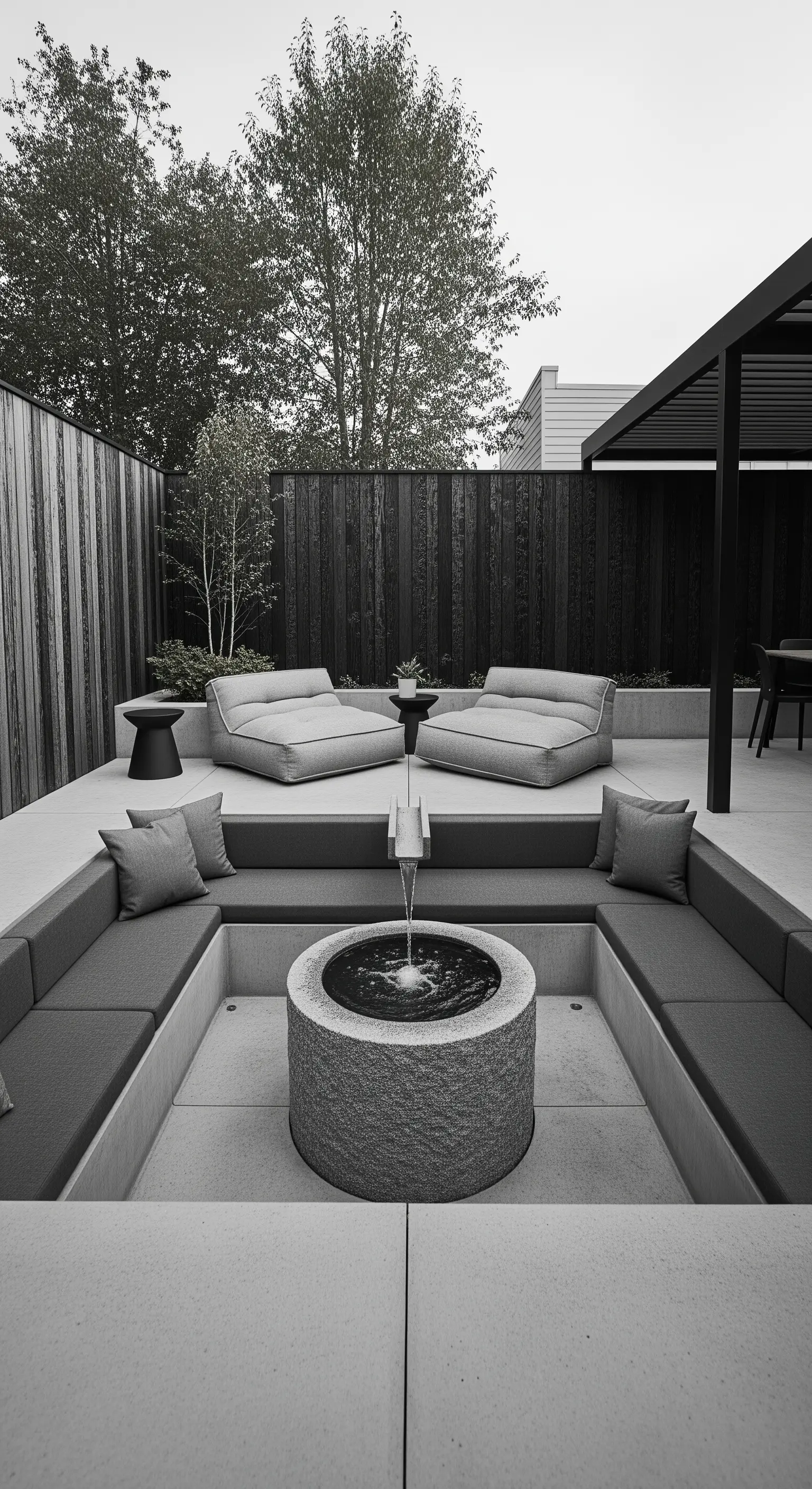Sunken Lounge, Steinbrunnen, Feuerschale, minimalistische Möbel