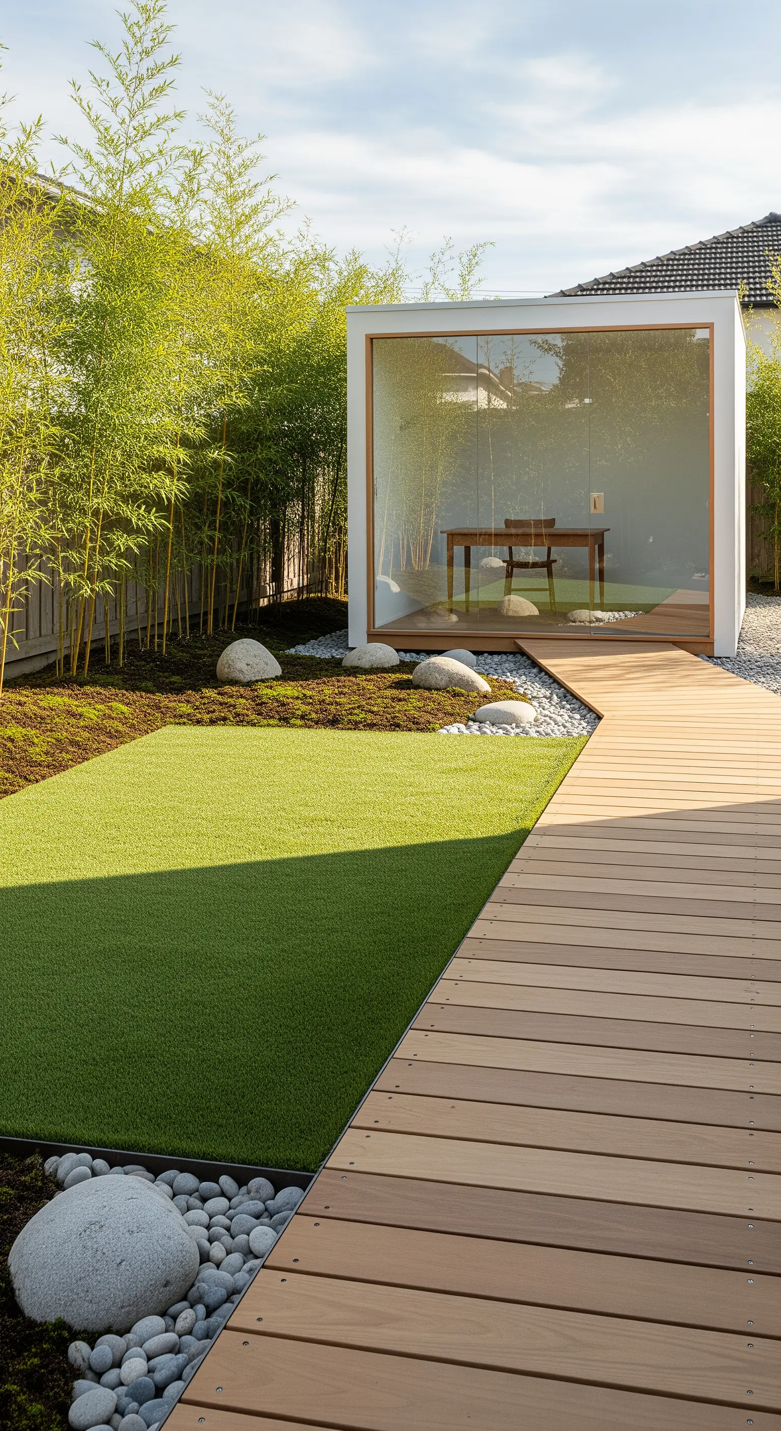 Japandi Gartenhaus mit Glas, Rasen, Kies, Holzsteg und Bambus