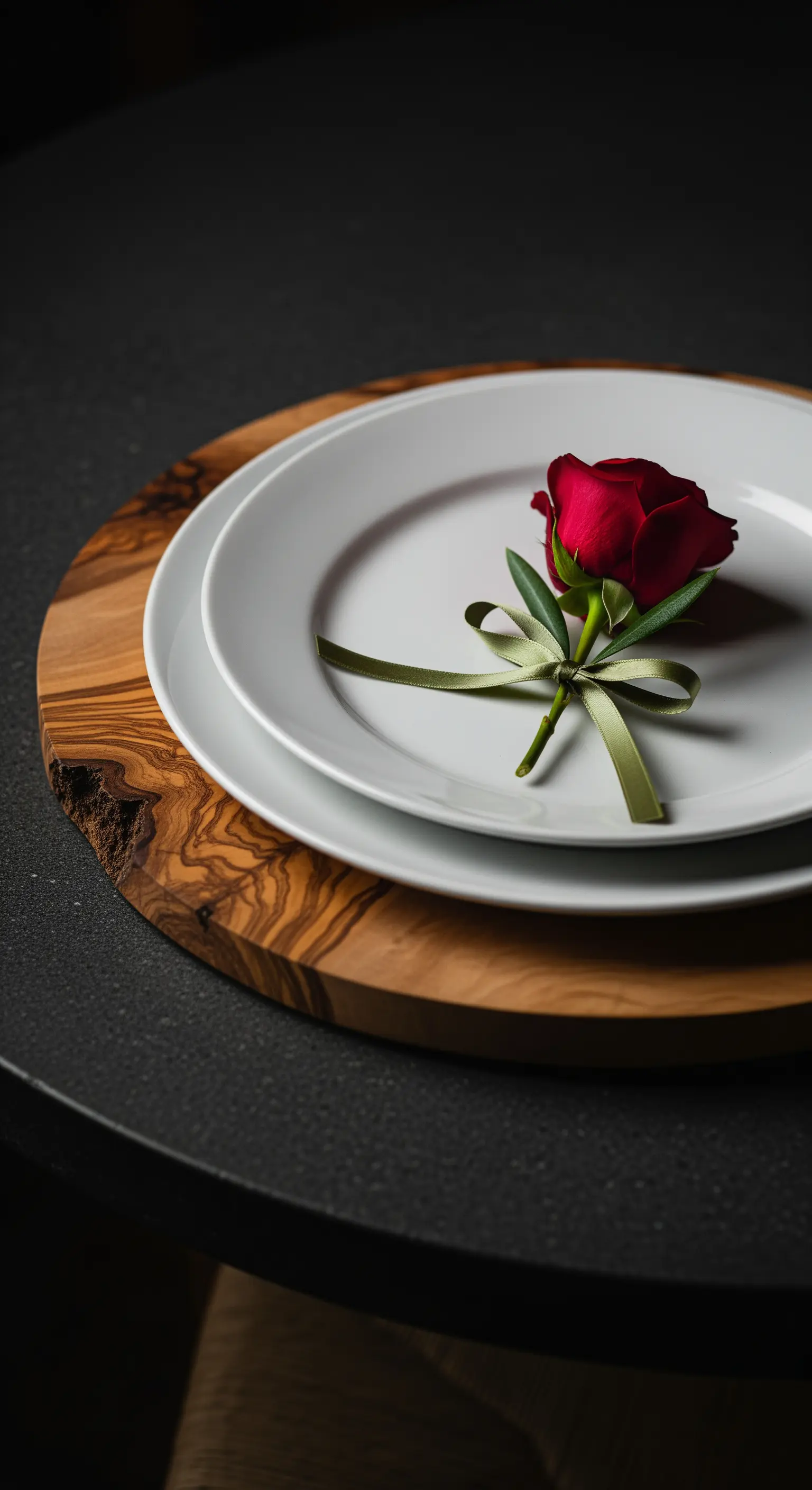 Tischgedeck mit Olivenholz-Charger, weißen Tellern und einer einzelnen roten Rose mit Band