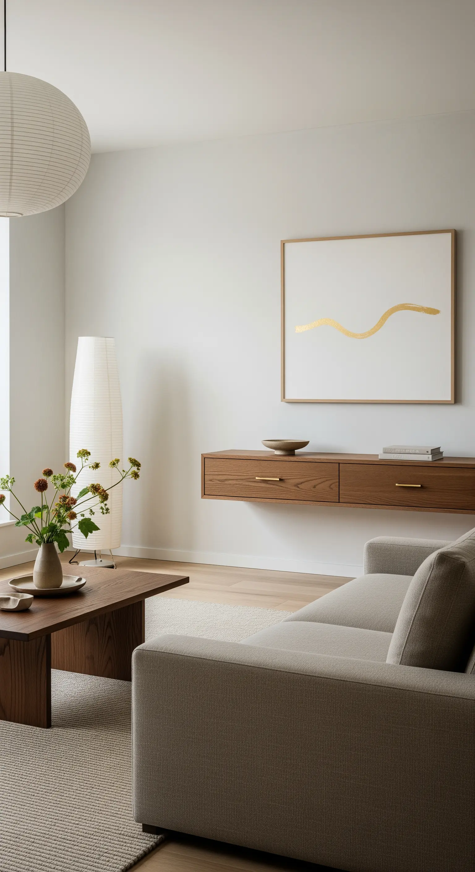 Minimalistisches Wohnzimmer mit einem schwebenden Holz-Sideboard und einem Kunstwerk mit einer goldenen Linie.