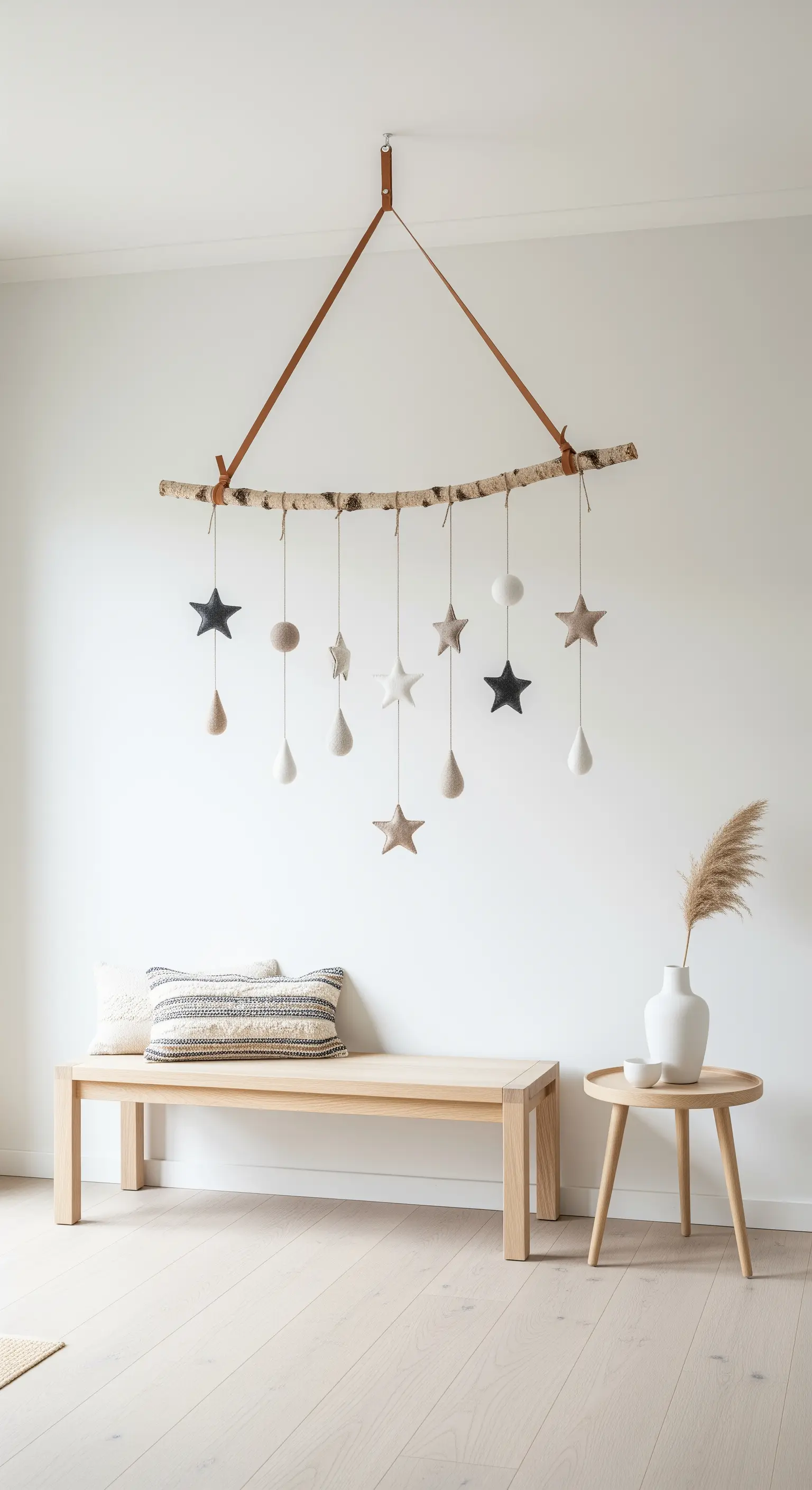 Hängemobil aus Ast und Filzsternen, Holzbank und Pampasgras