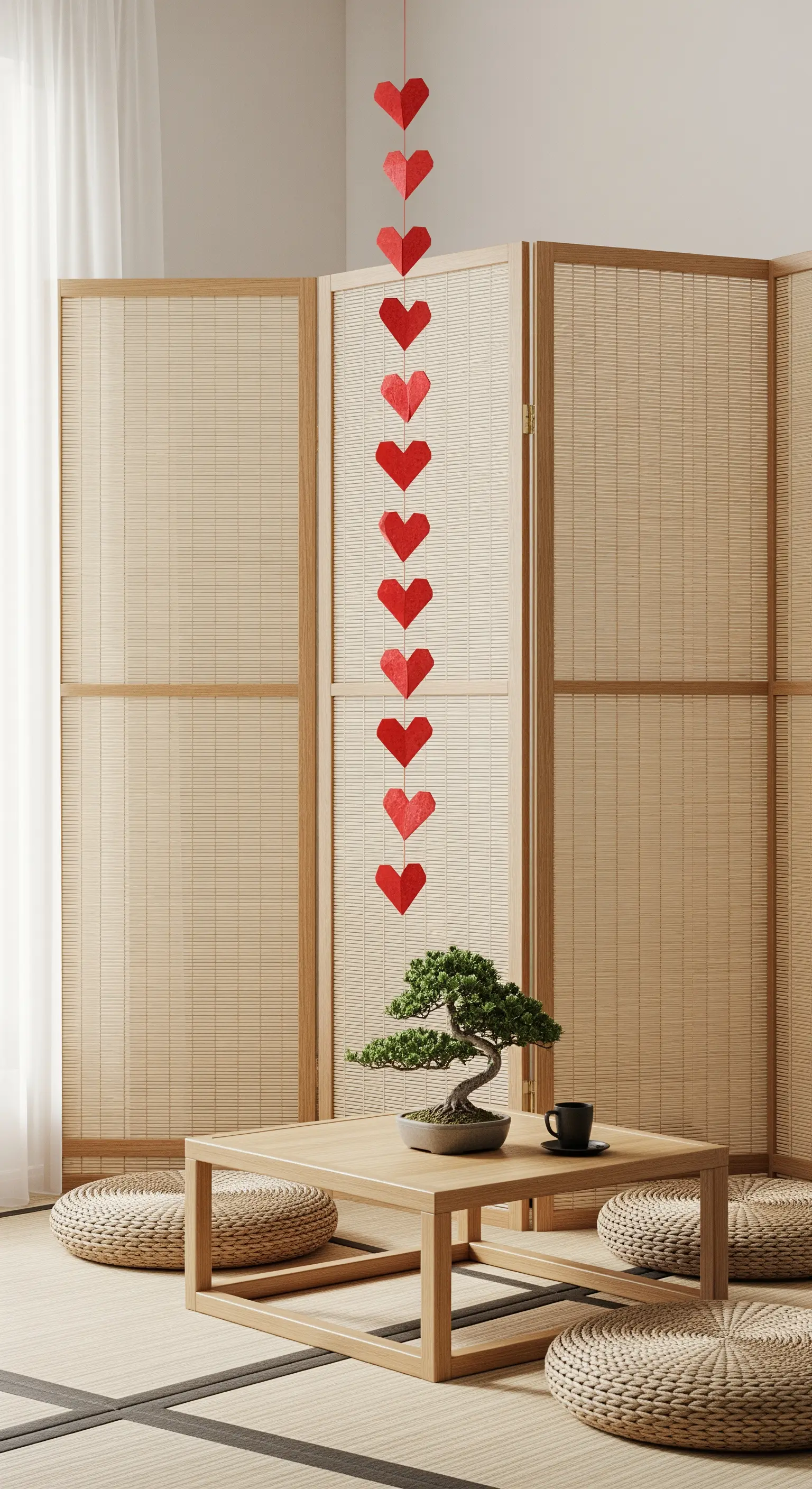 Vertikale Herz-Girlande, Japandi-Raum, Bonsai, minimalistisch