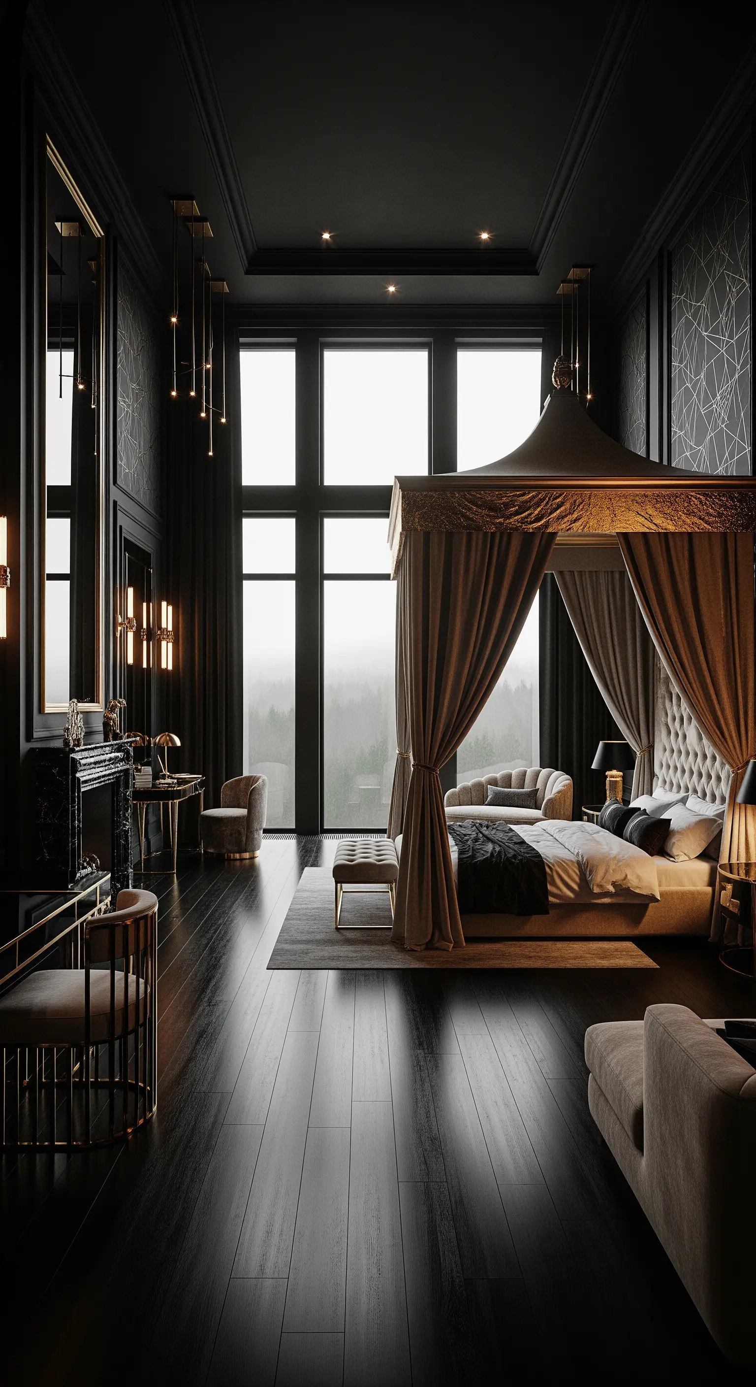 Himmelbett, dunkles Holz, neutrale Bettwäsche, minimalistisch, ruhige Eleganz