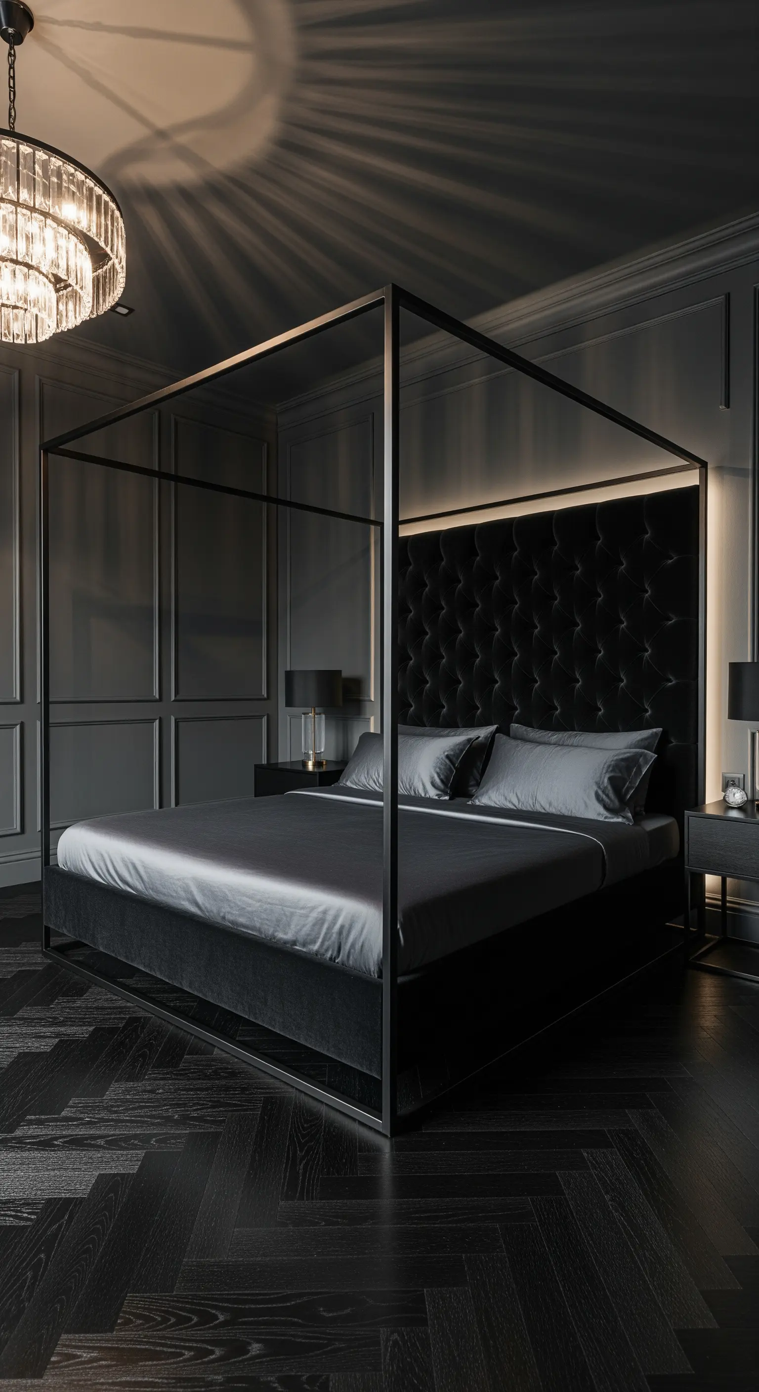 Minimalistisches schwarzes Himmelbett mit indirekter LED-Beleuchtung im dunklen Schlafzimmer