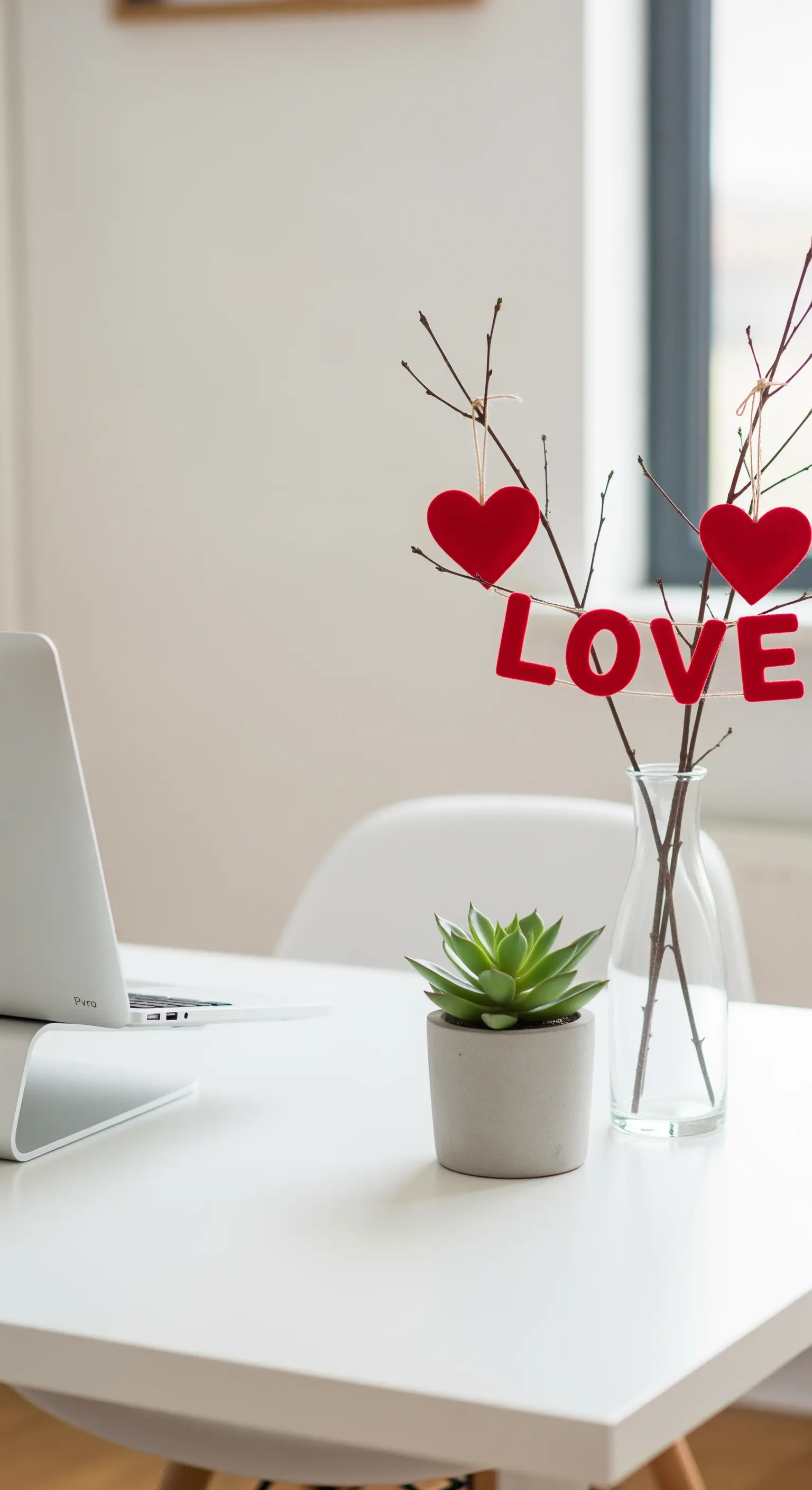 Minimalistisches Home Office mit Schreibtisch, Laptop, Vase mit Ästen, Herzen und LOVE-Schriftzug.
