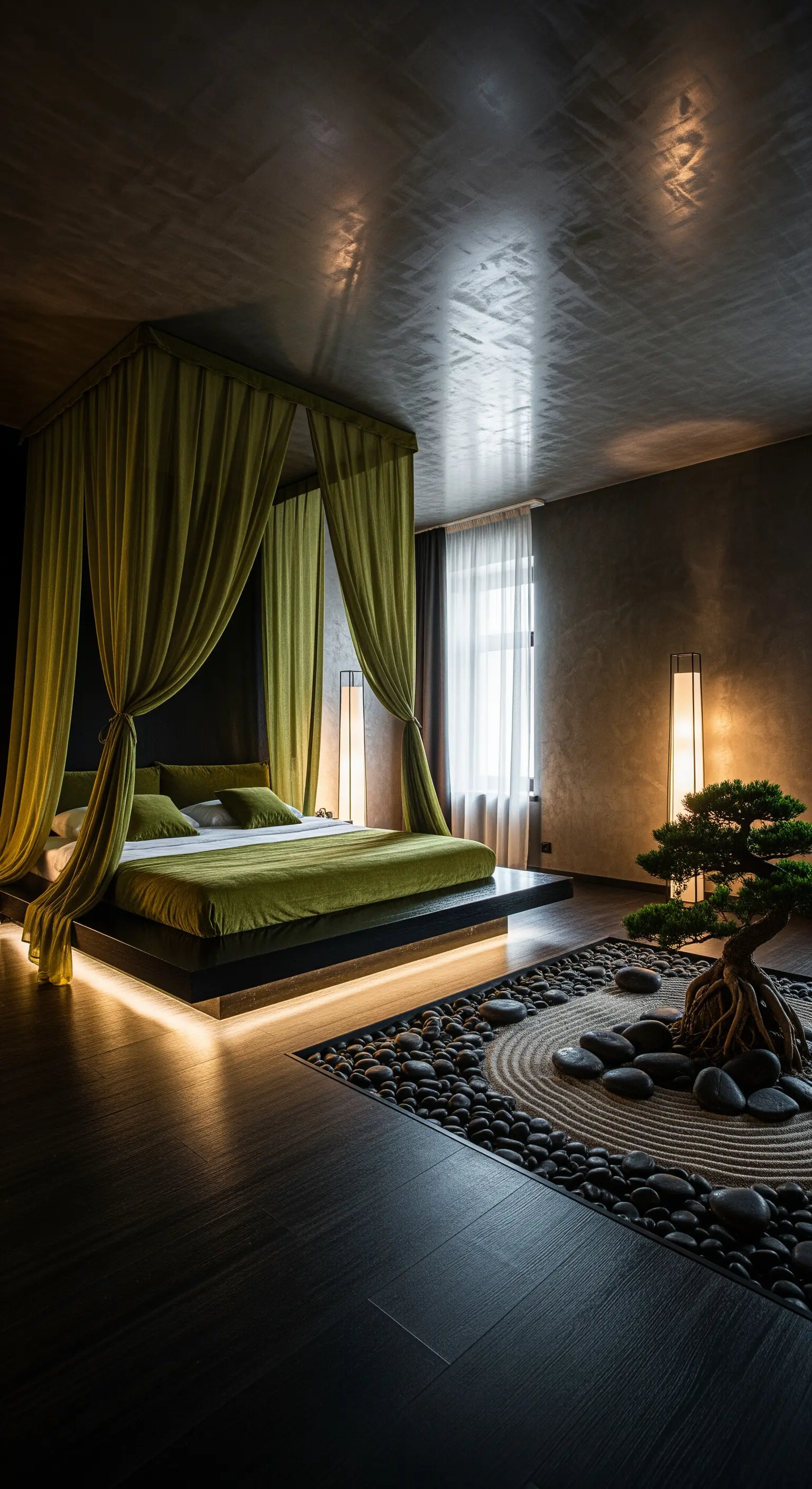 Himmelbett, Olivgrün, Japandi-Stil, Zen-Garten, Bonsai, minimalistisch