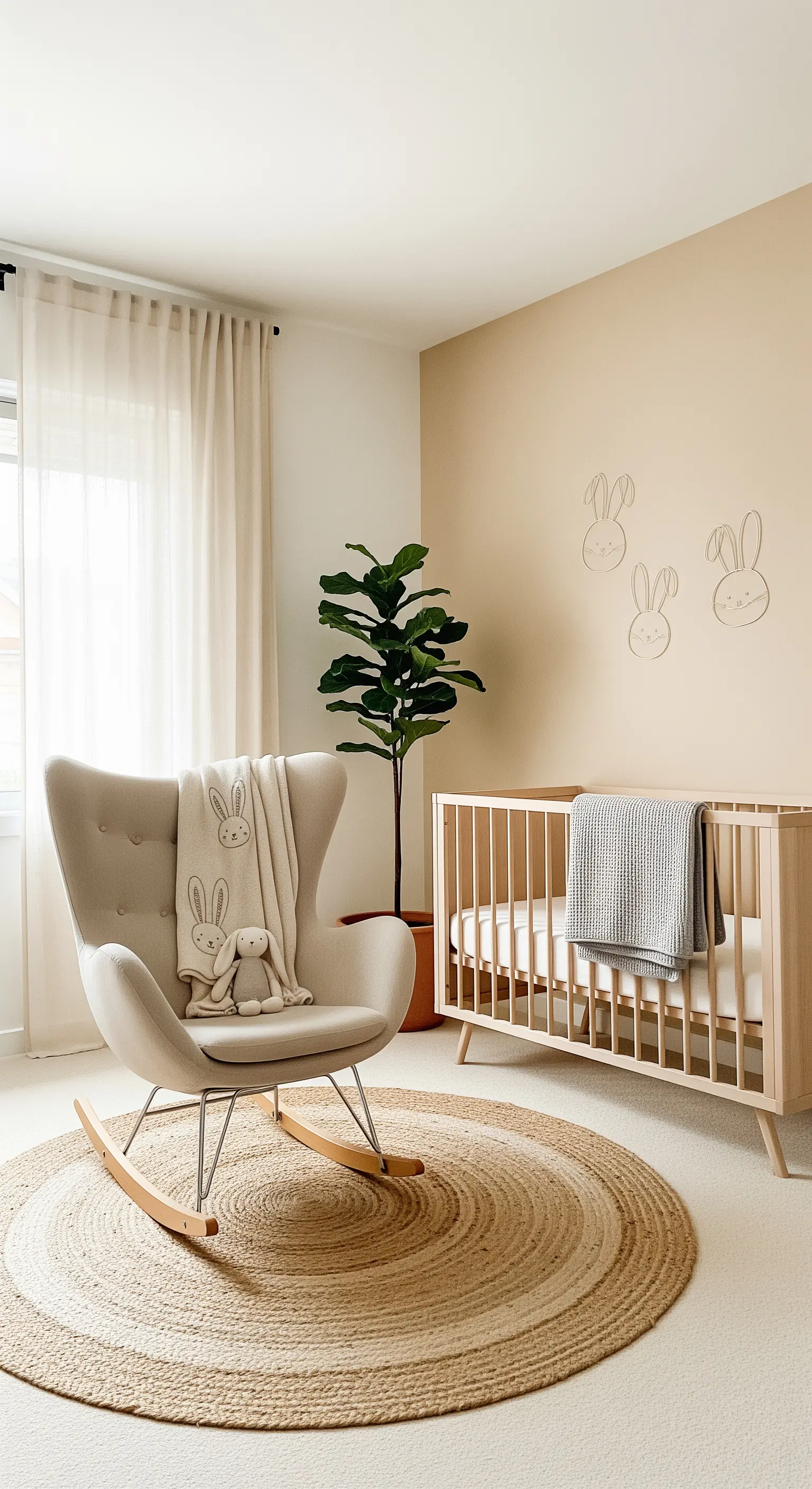 Nursery with crib, rocking chair, subtle bunny decor and natural textures.