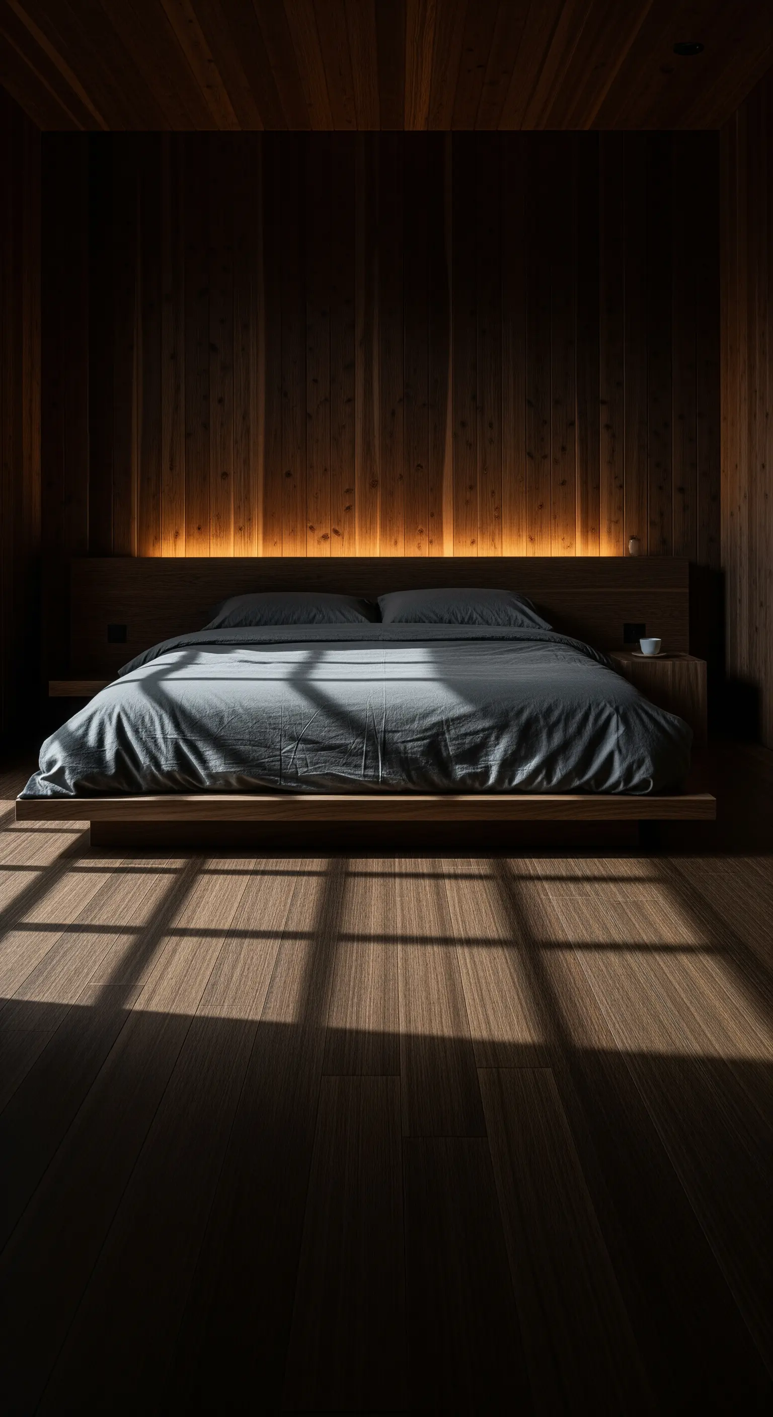 Horizontale Holzwand, LED-Lichtband, minimalistisches Bett