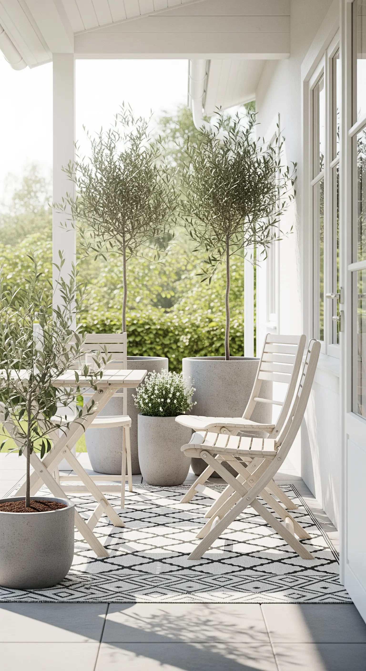 Minimalistische Veranda mit Olivenbäumen in Betonkübeln und schwarz-weißem Teppich