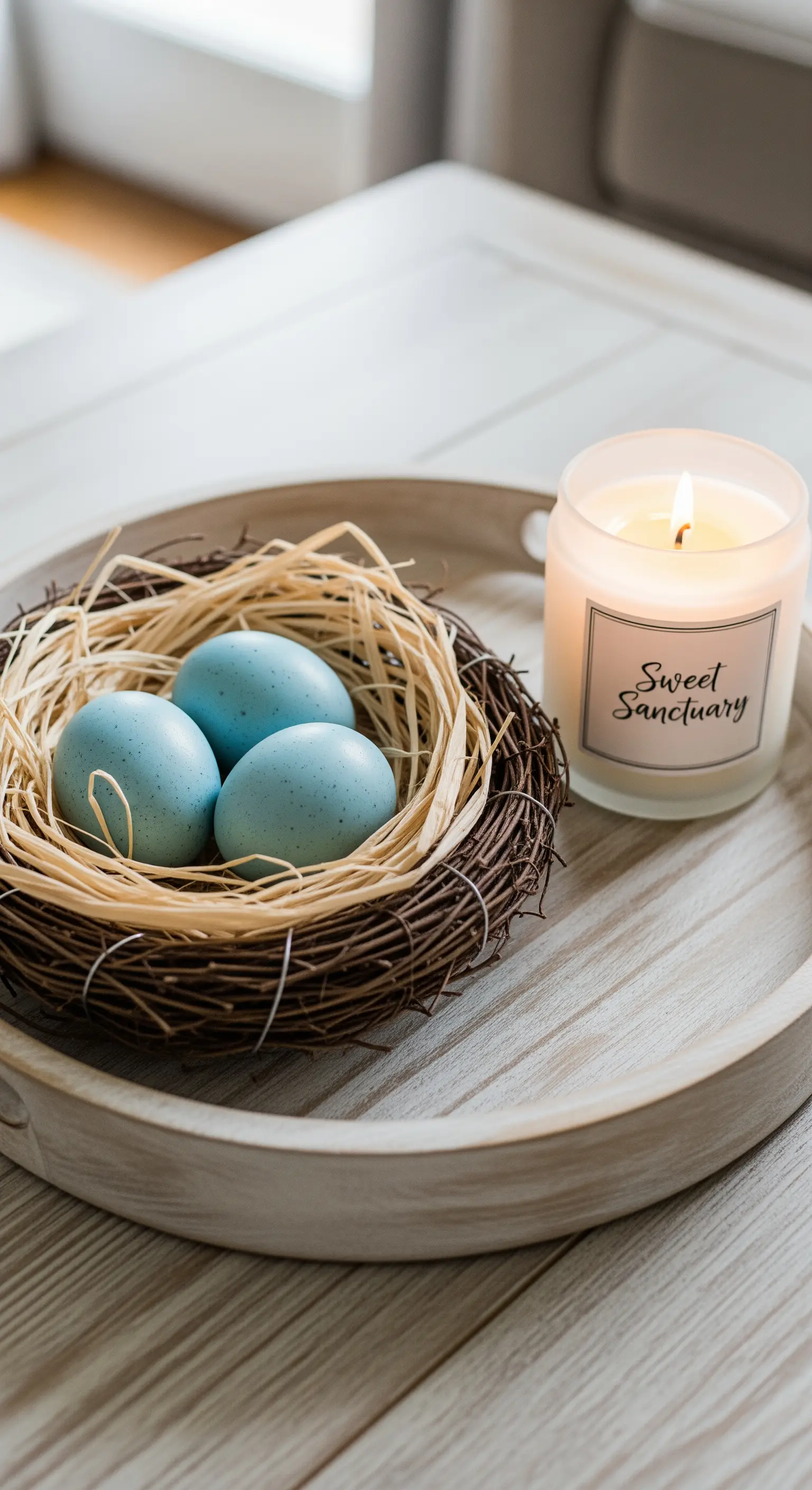Minimalistisches Ostertablett mit Vogelnest, blauen Eiern und Duftkerze