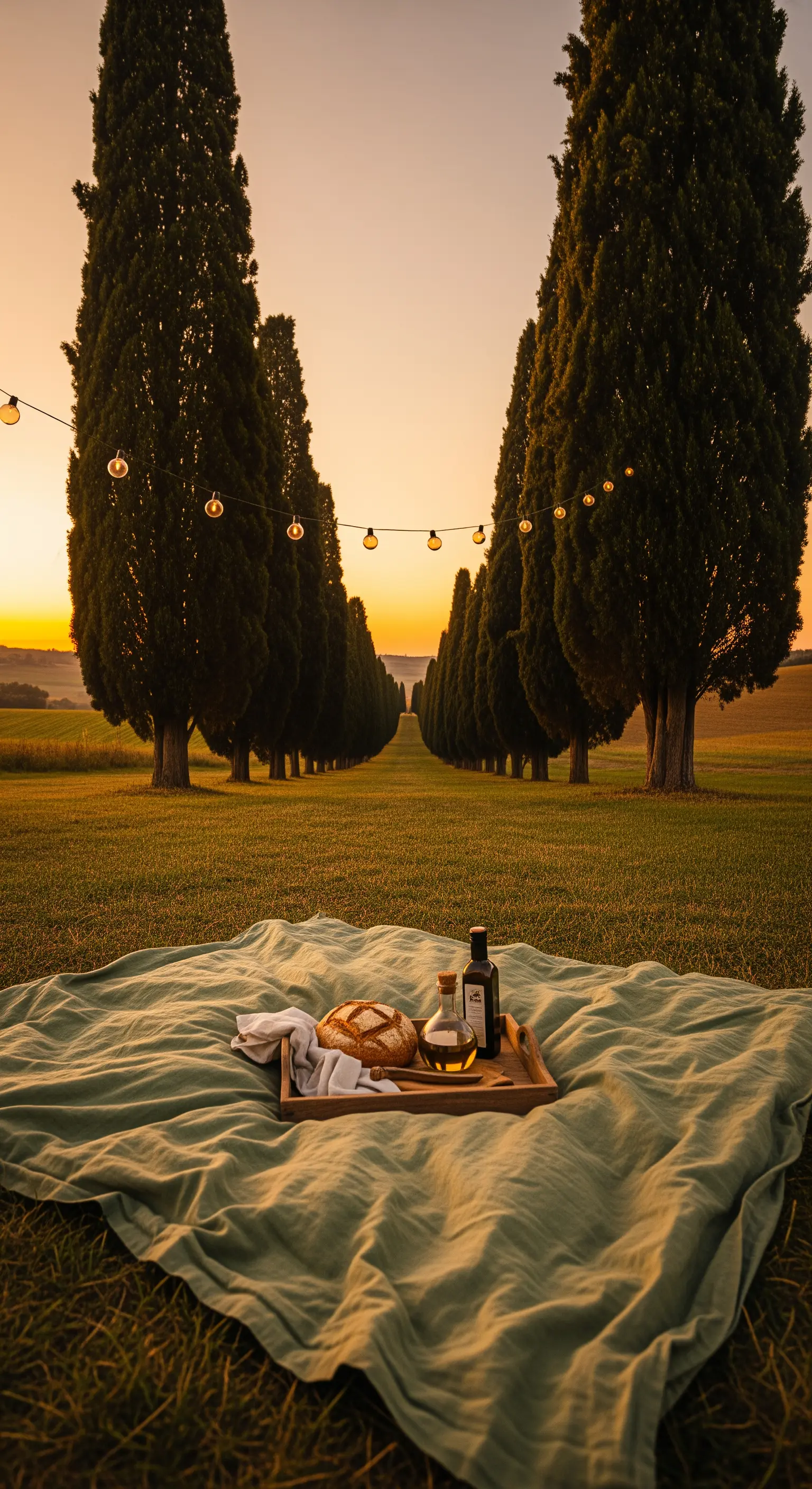 Einfaches Picknick unter Zypressenallee mit Brottablett und Lichterkette