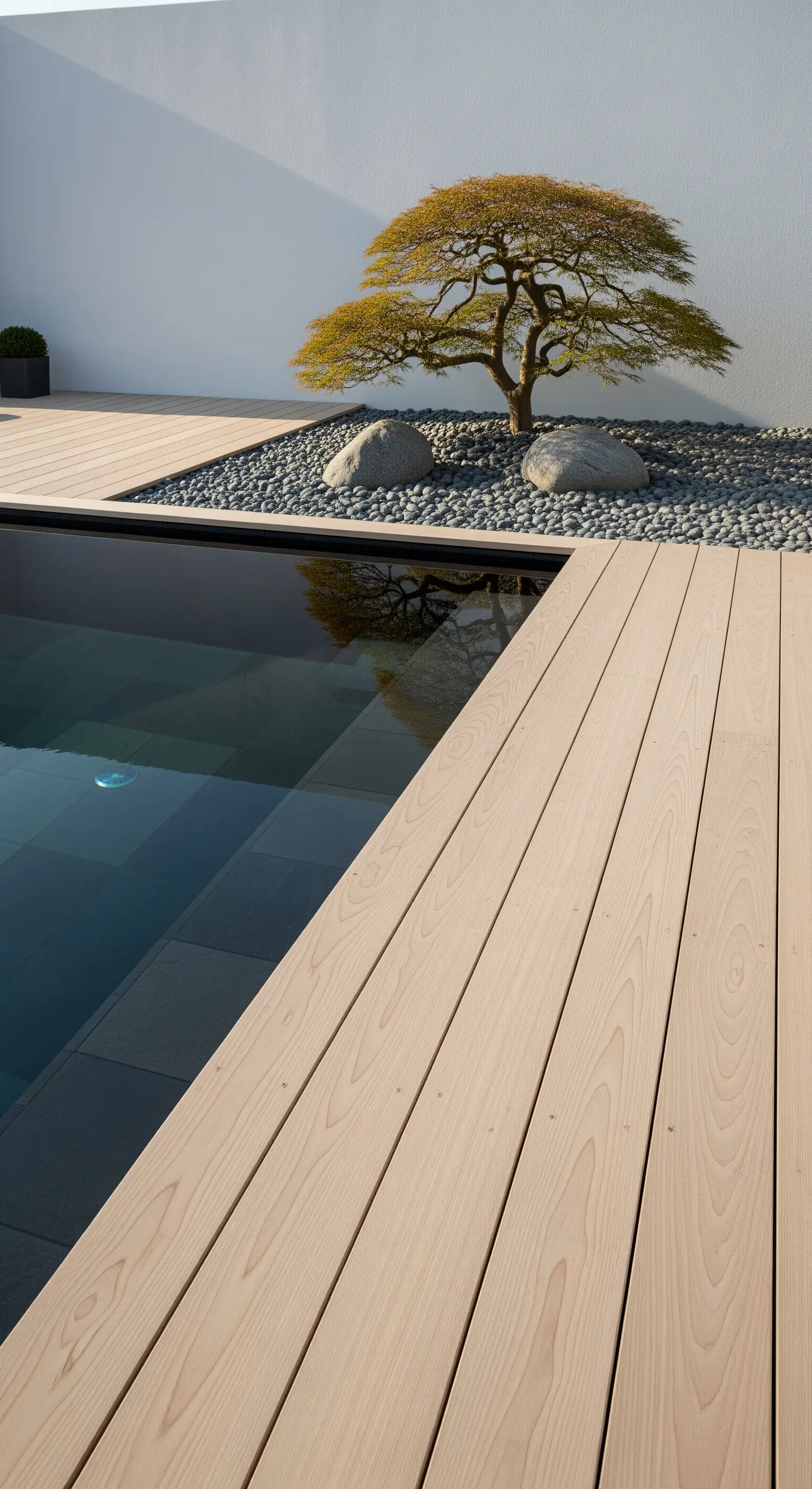 Minimalistischer Poolbereich mit Holzdeck, dunklen Kieselsteinen, Natursteinen und einem Bonsai-Baum
