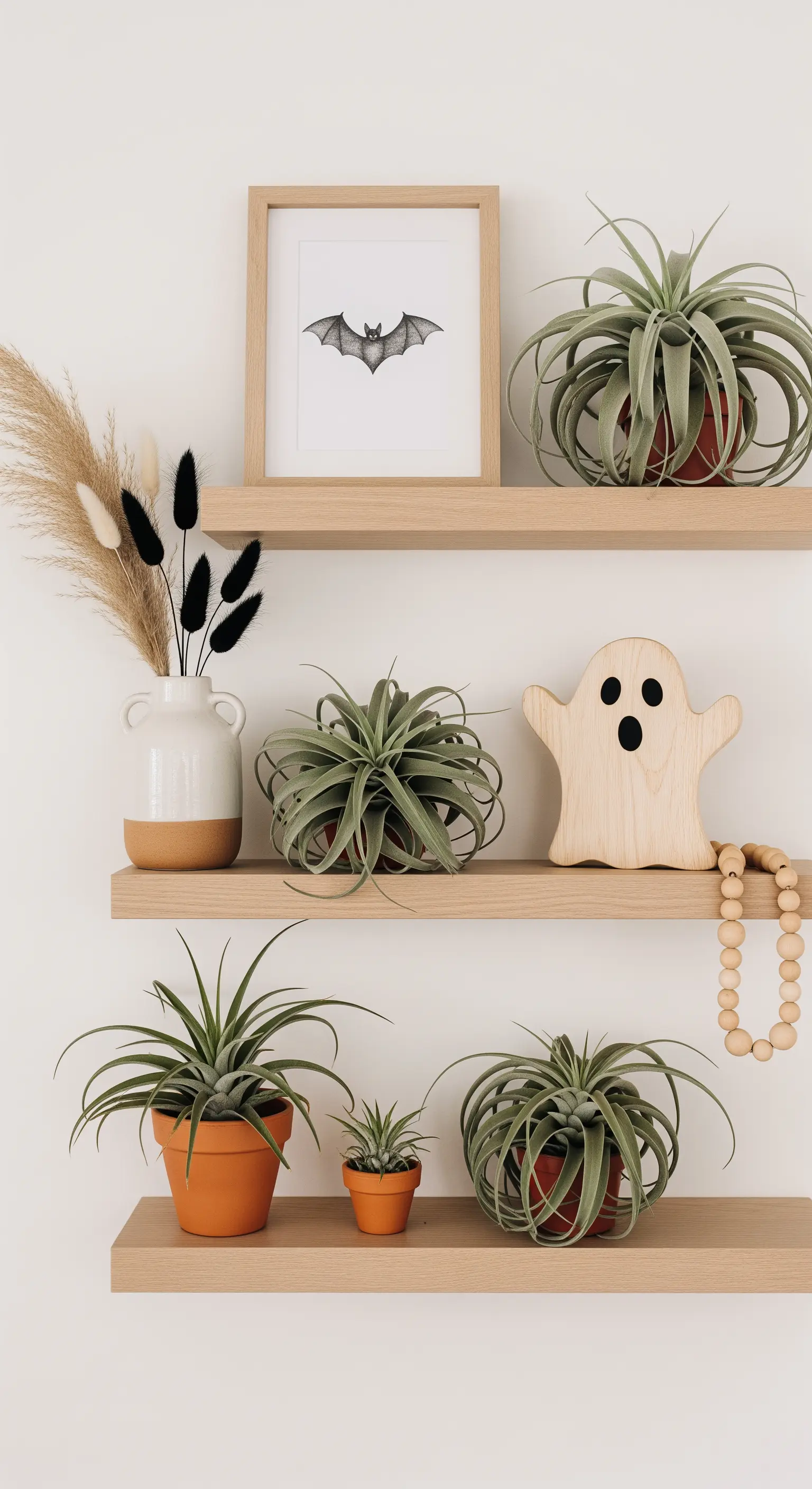 Moderne Regal-Deko mit Luftpflanzen, Holzgeist und Fledermaus-Bild.