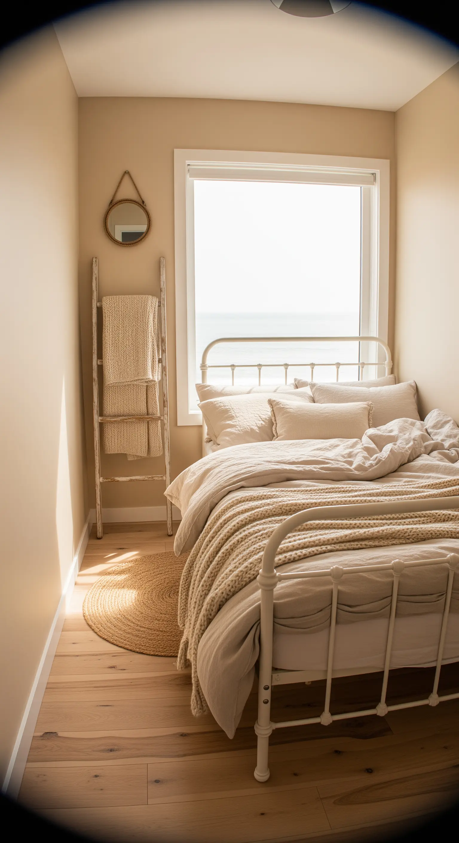 Helles Schlafzimmer mit weißem Metallbett, beiger Bettwäsche, Juteteppich und Leiter mit Decke.