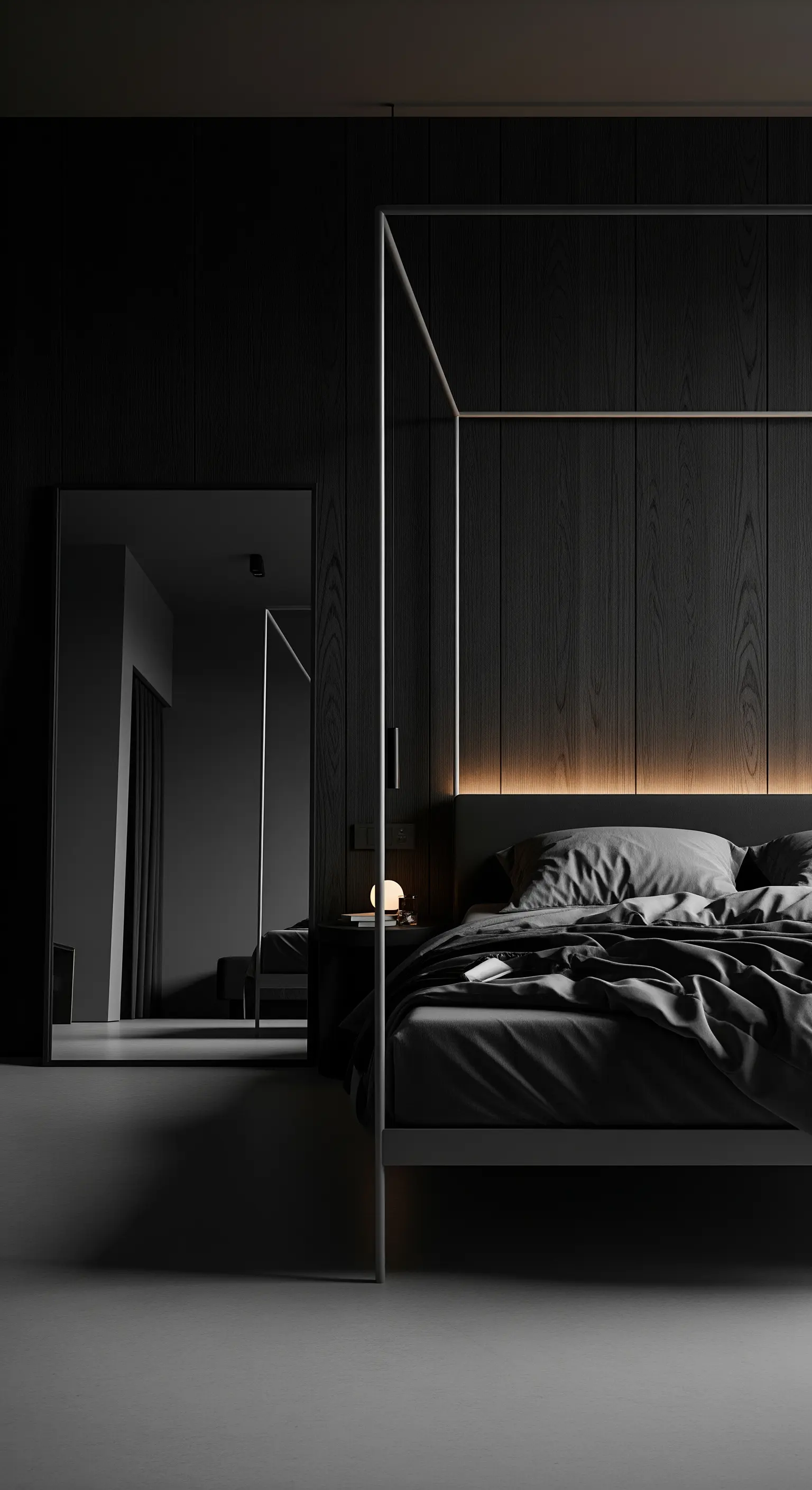 Dunkles Schlafzimmer mit Holzwand, LED-Licht und modernem Bettgestell