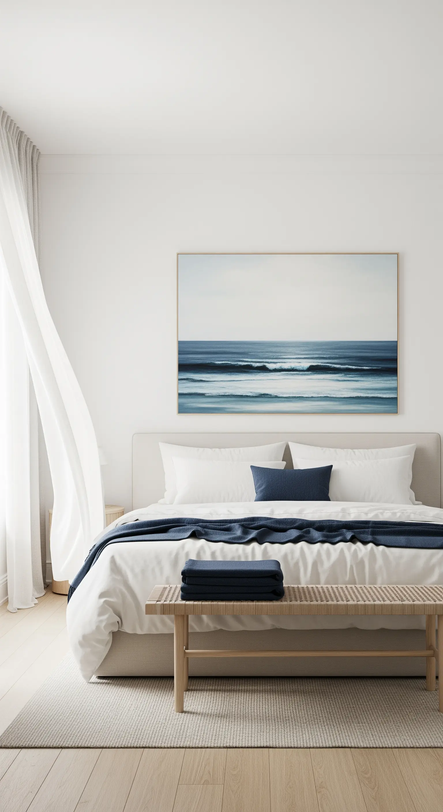 Ozean-Kunst, weiße Bettwäsche, Holzbank