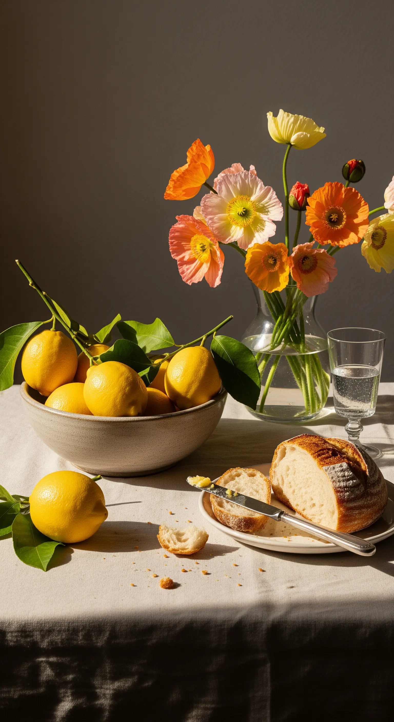 Stillleben mit Mohnblumen in Vase, Zitronen in Schale und Brot auf hellem Tuch im Sonnenlicht