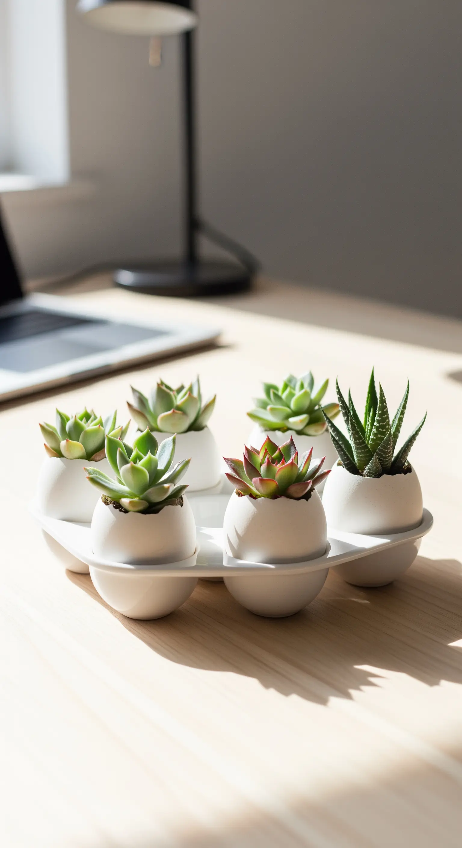 Sukkulenten in weißen, eiförmigen Töpfen auf einem minimalistischen Tablett