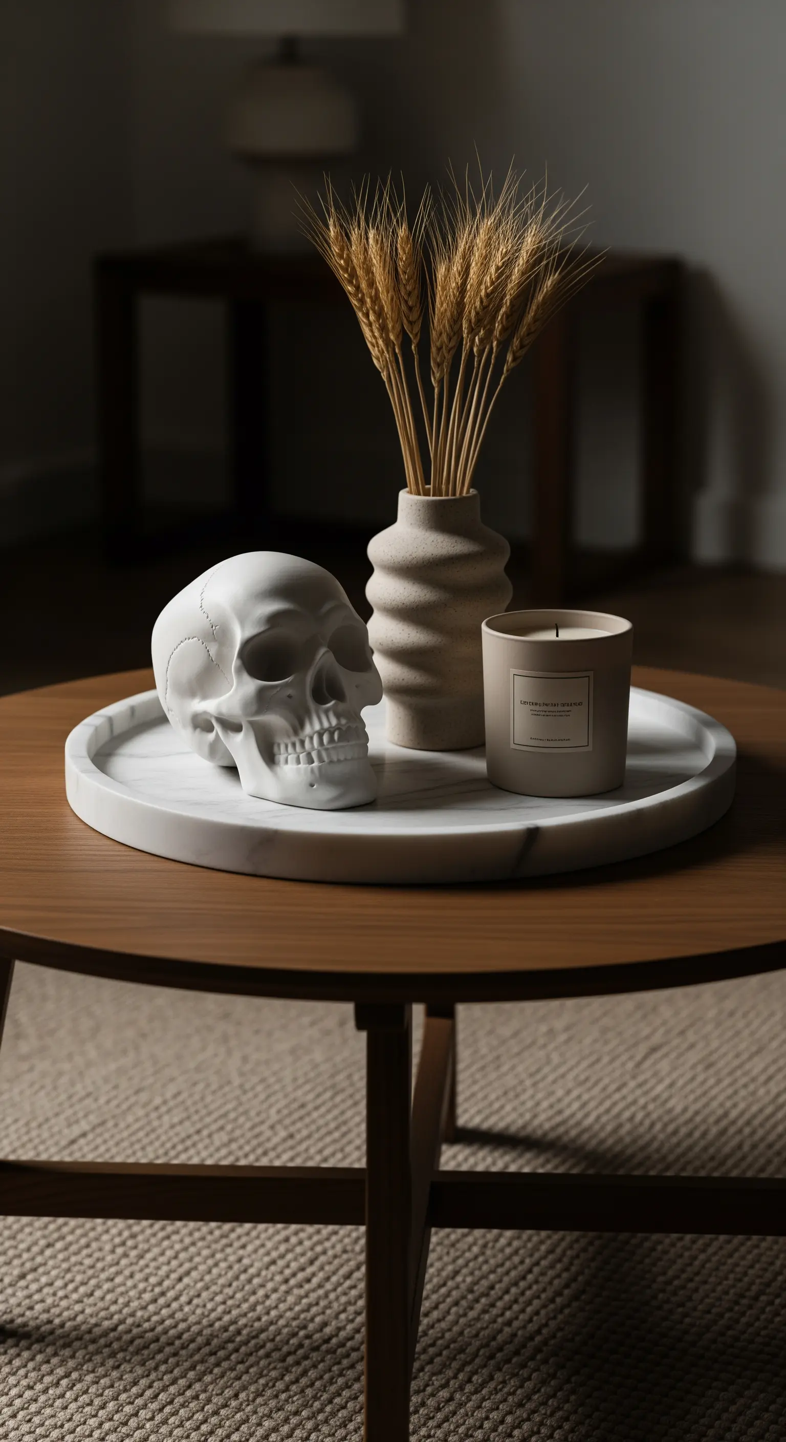 Couchtisch mit Marmortablett, weißem Totenkopf, Weizenähren und beiger Duftkerze.