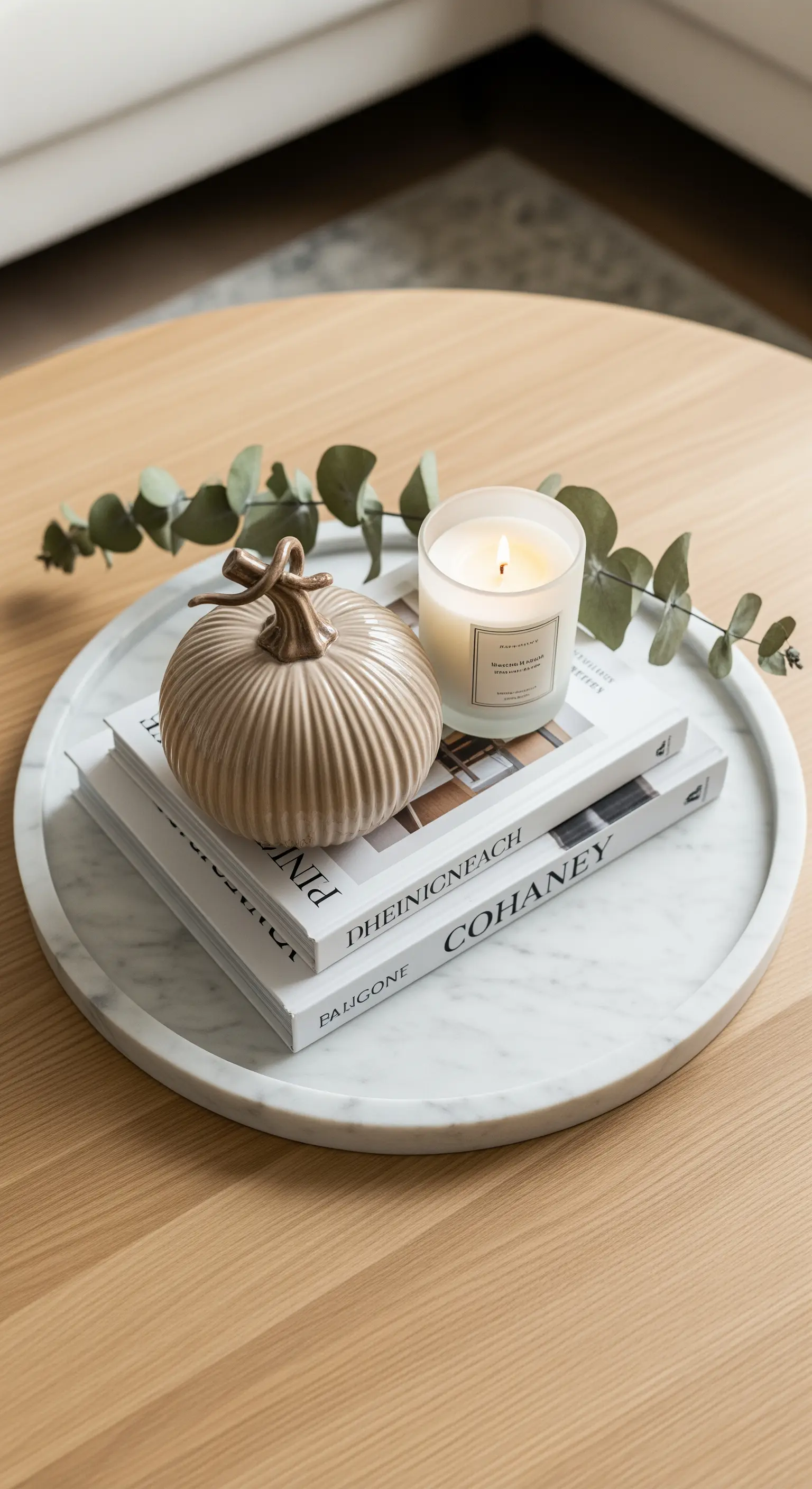 Marmortablett auf einem Couchtisch mit Keramikkürbis, Kerze und Eukalyptus.